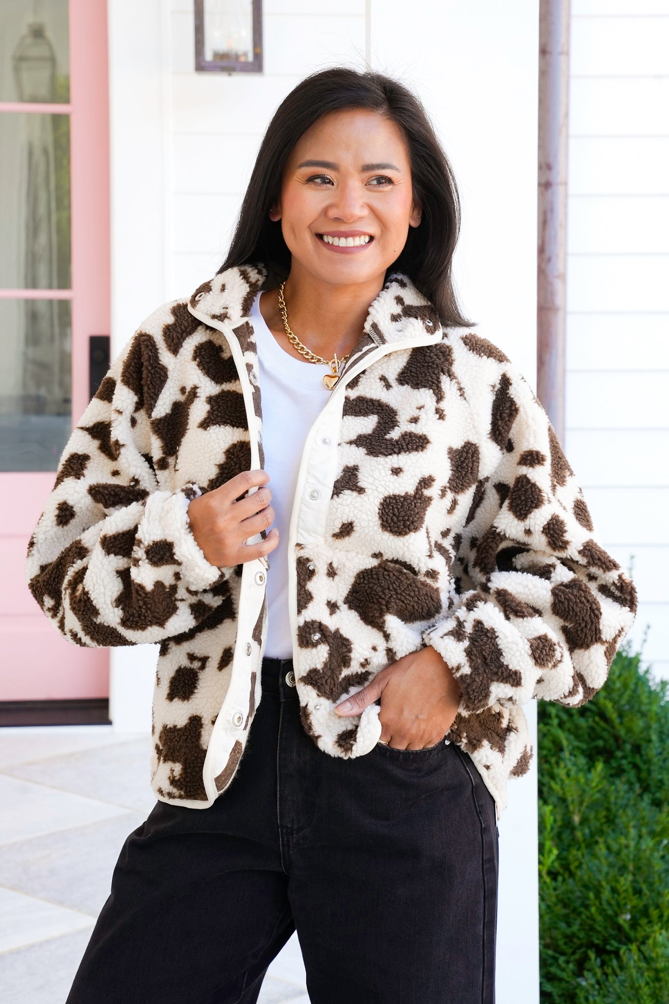 Cow Print Long Sleeve Sherpa Jacket