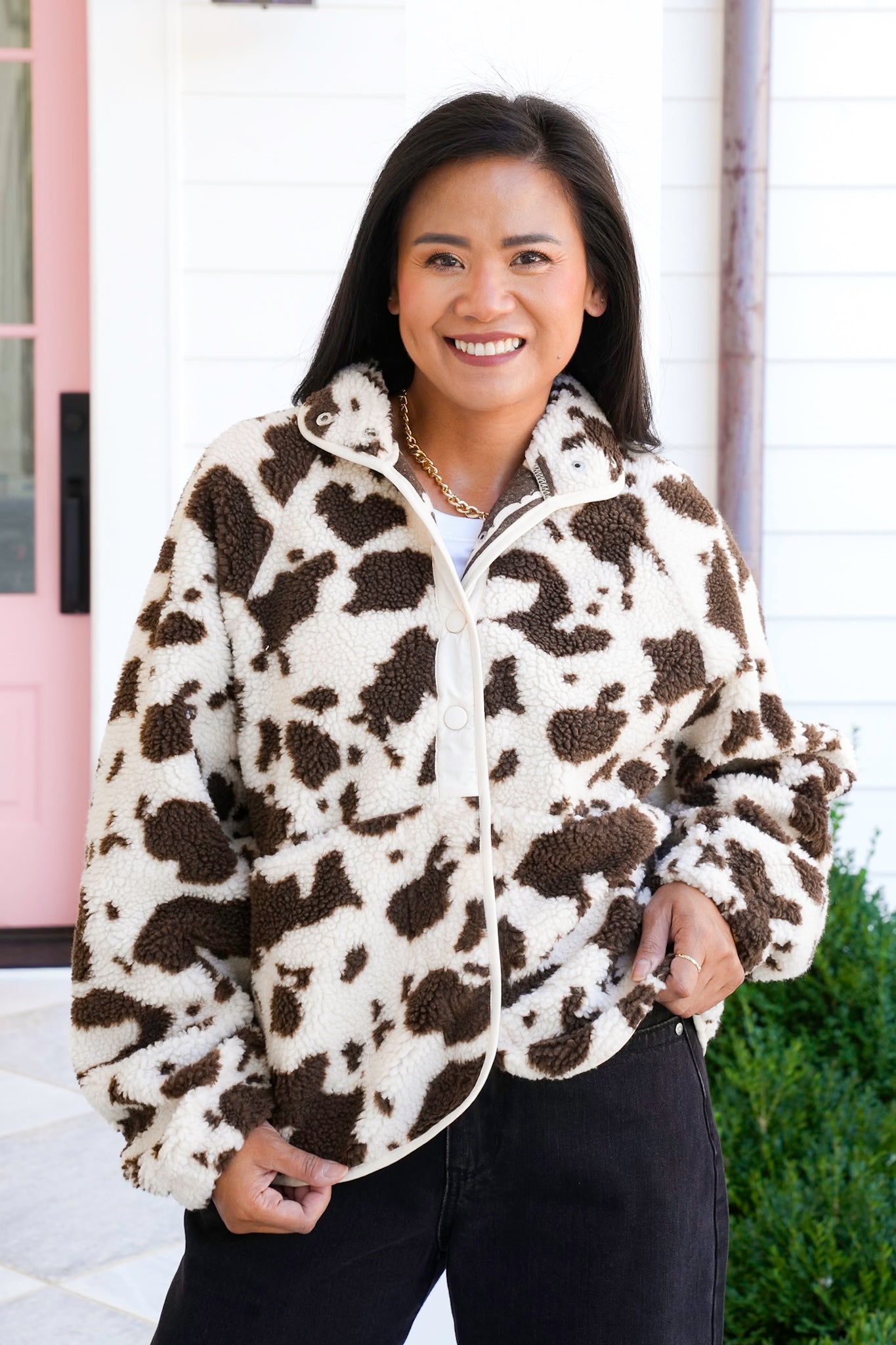Cow Print Long Sleeve Sherpa Jacket