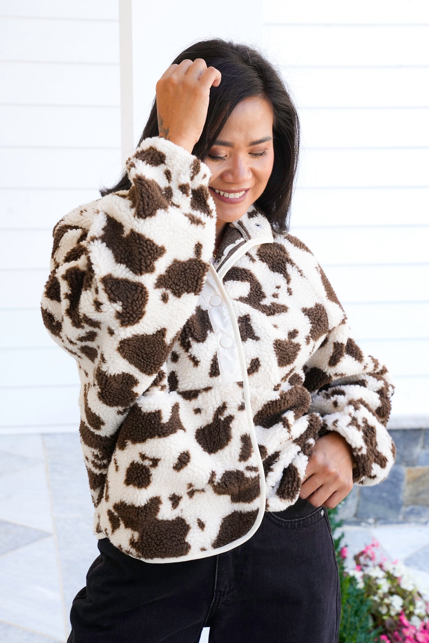 Cow Print Long Sleeve Sherpa Jacket