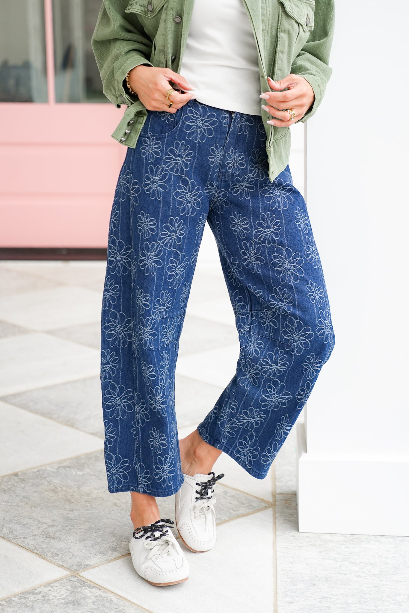 Plus/Reg Embroidered Floral High Waist Barrel Jeans