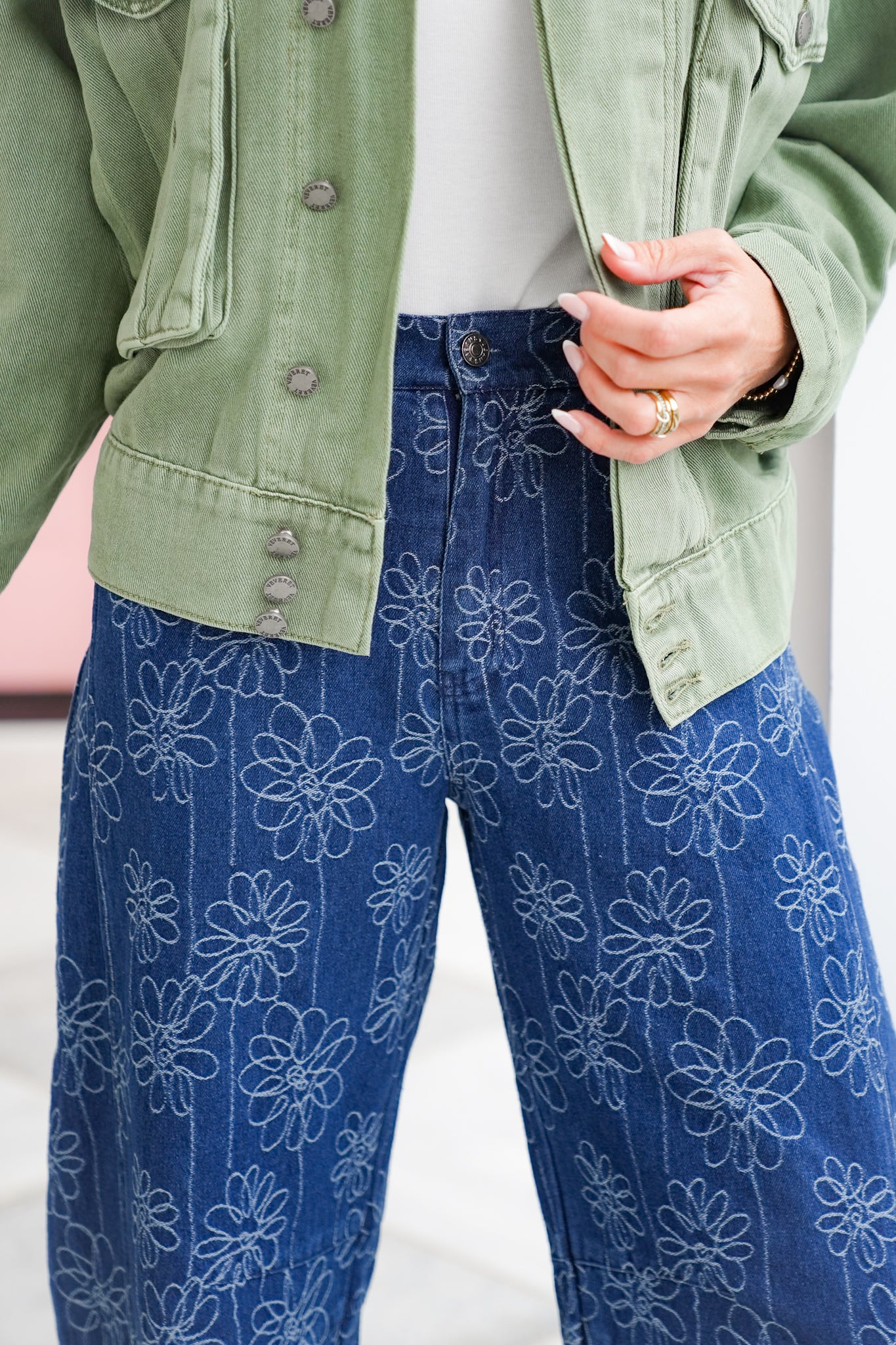 Plus/Reg Embroidered Floral High Waist Barrel Jeans