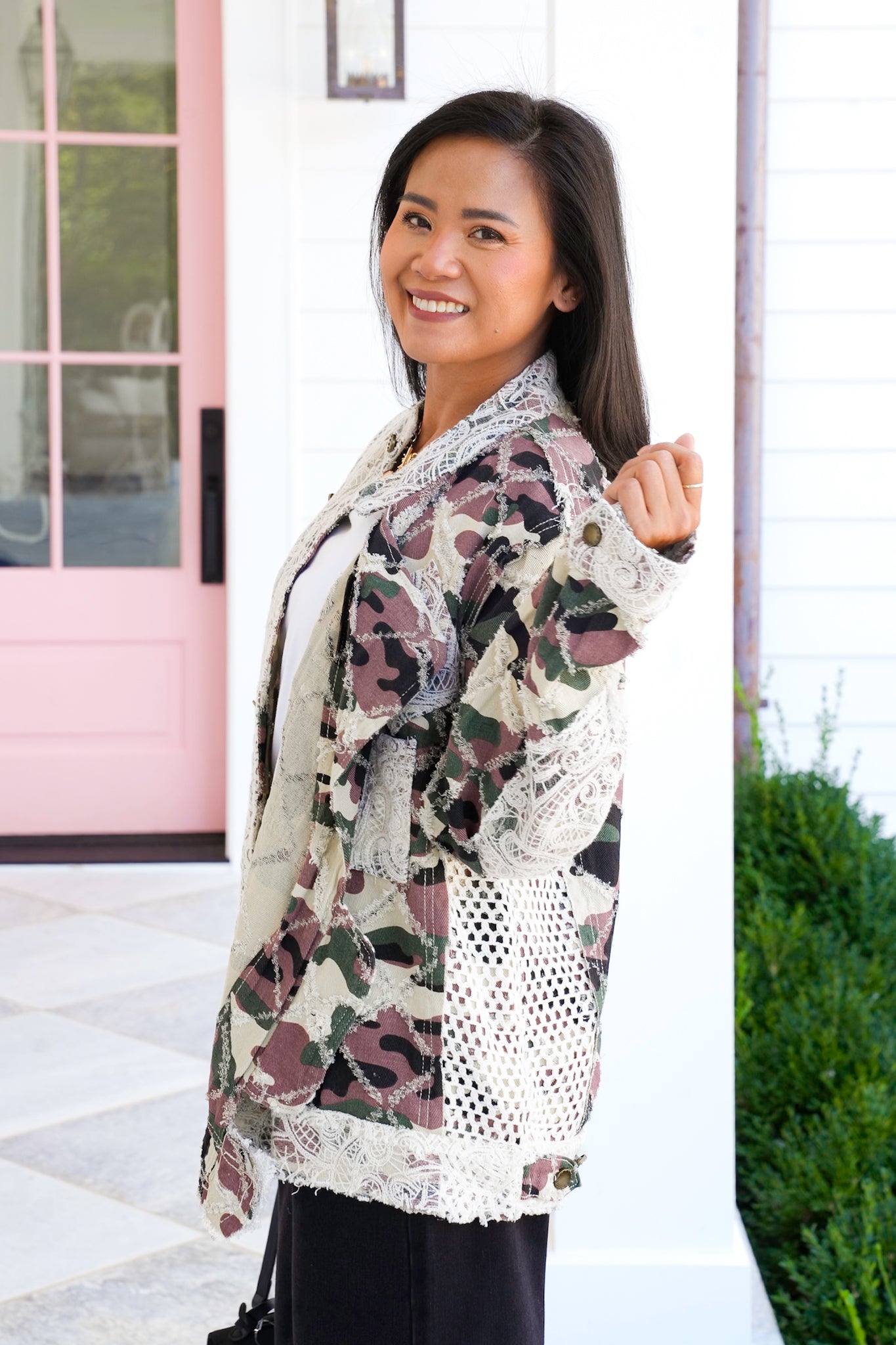POL Camo Long Sleeve Button Up Jacket with Lace
