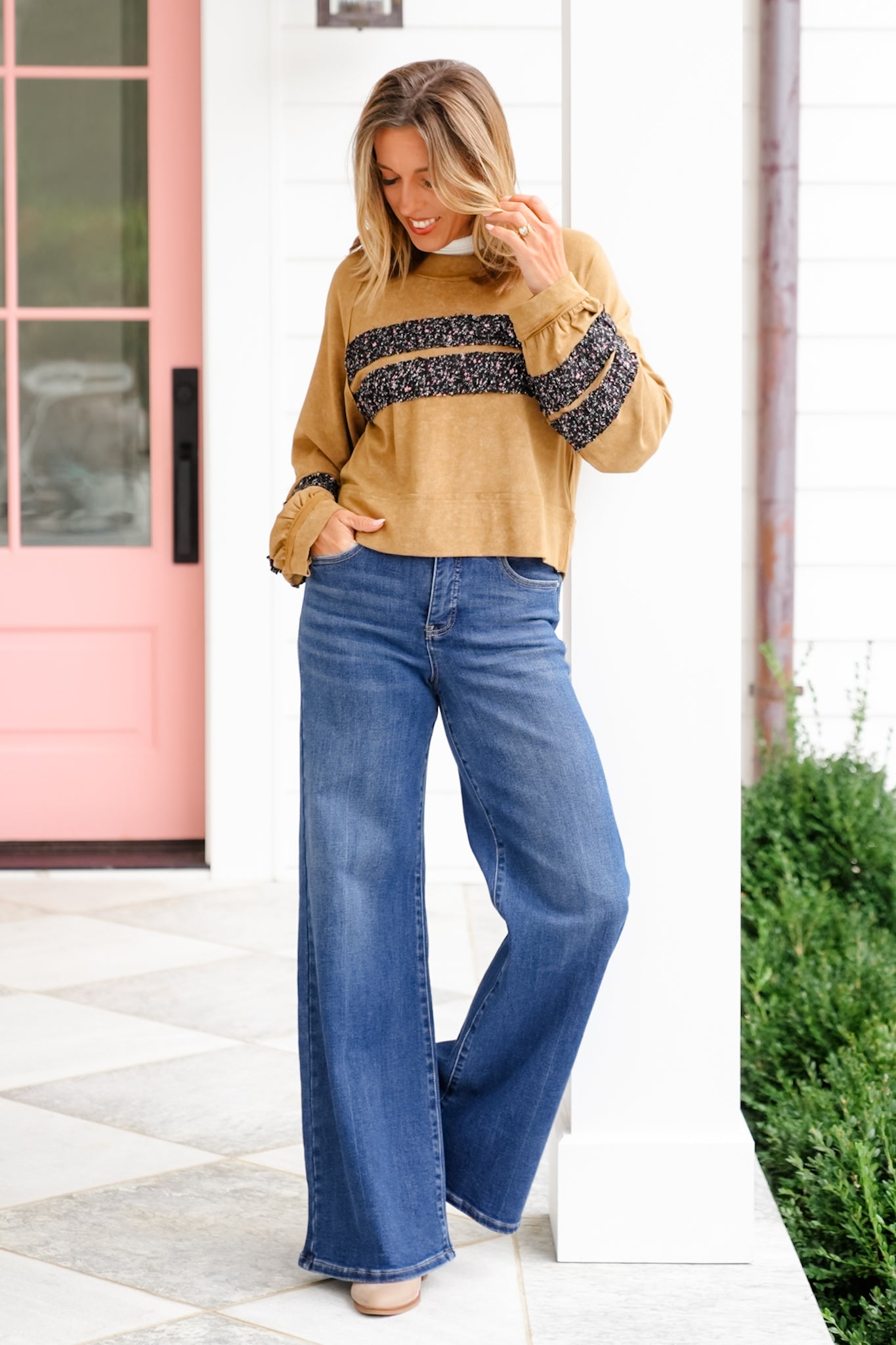 POL Mineral Wash Long Sleeve Round Neck Top