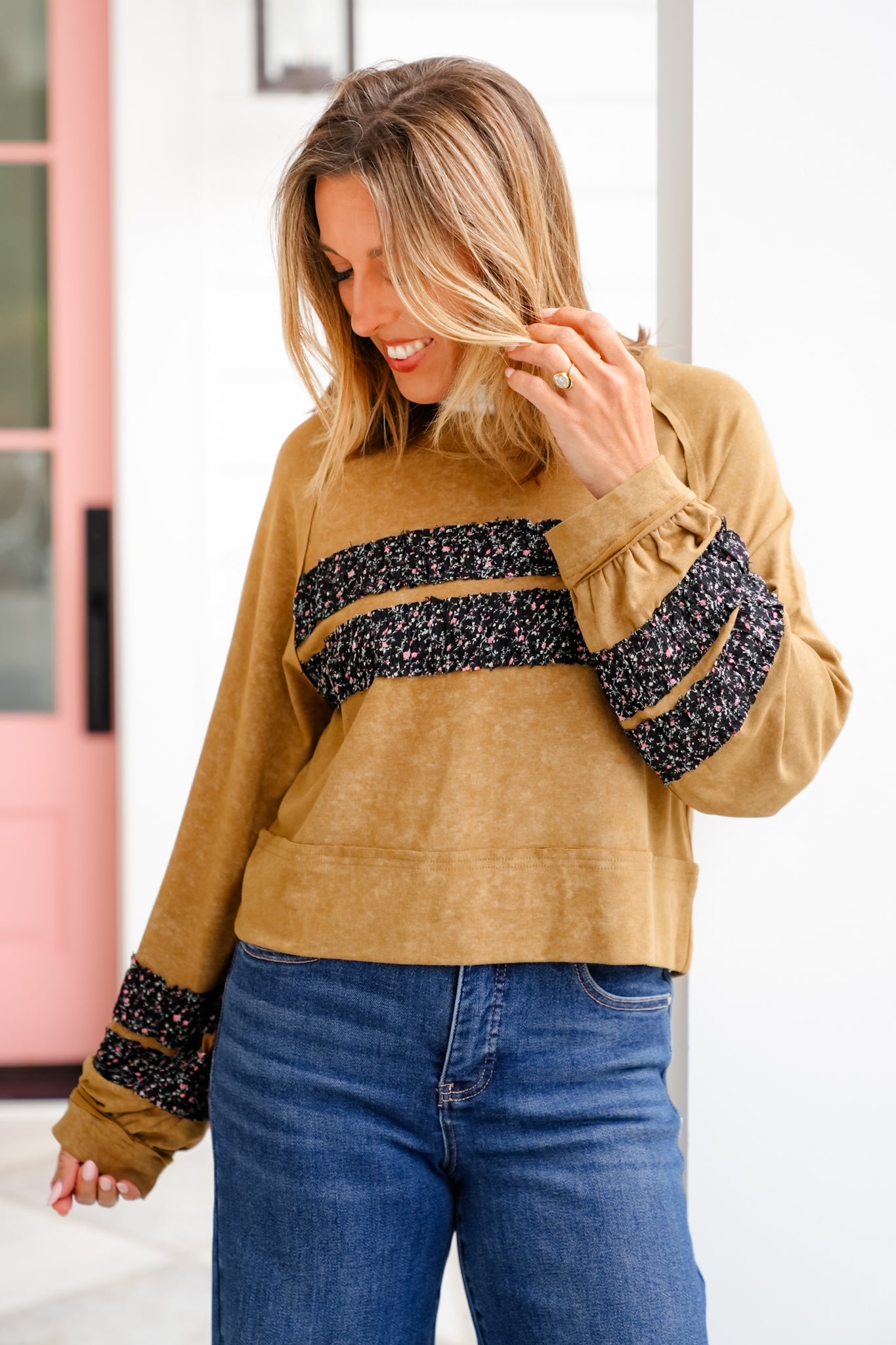 POL Mineral Wash Long Sleeve Round Neck Top