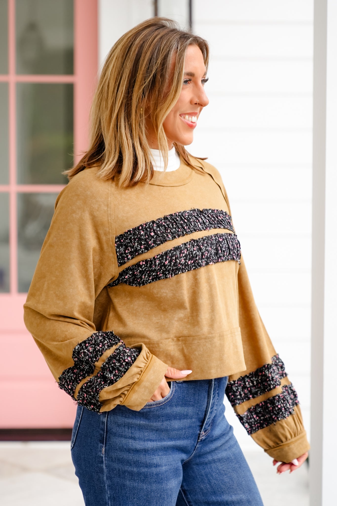 POL Mineral Wash Long Sleeve Round Neck Top