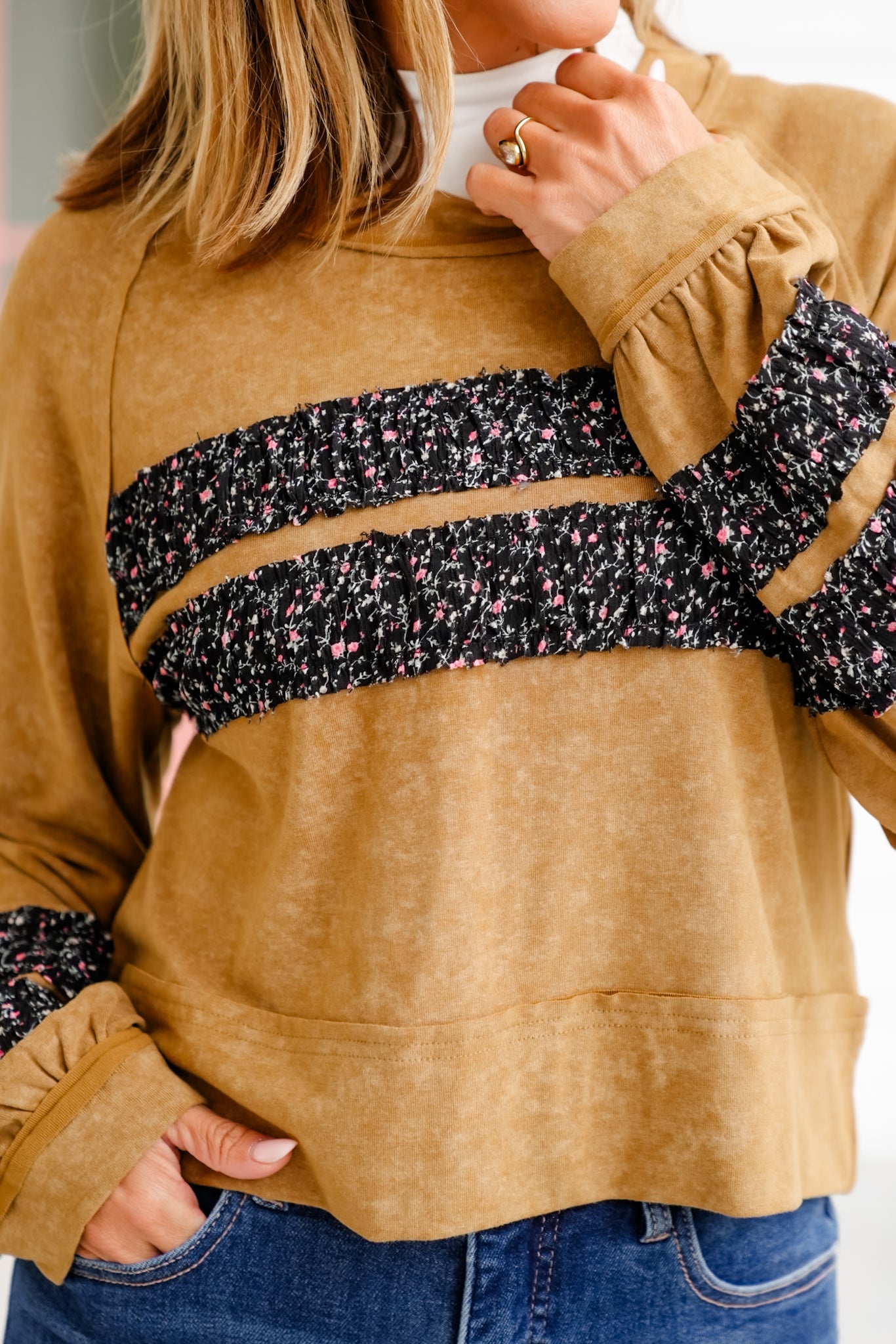 POL Mineral Wash Long Sleeve Round Neck Top