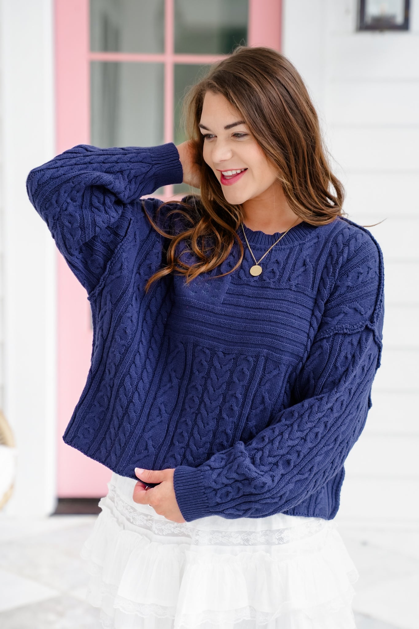 Long Sleeve Pullover Sweater with Flag Pattern Detail