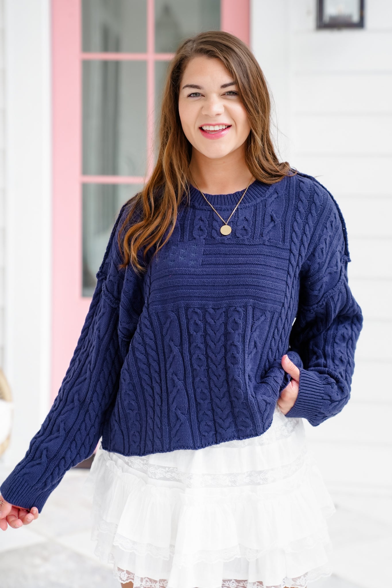 Long Sleeve Pullover Sweater with Flag Pattern Detail