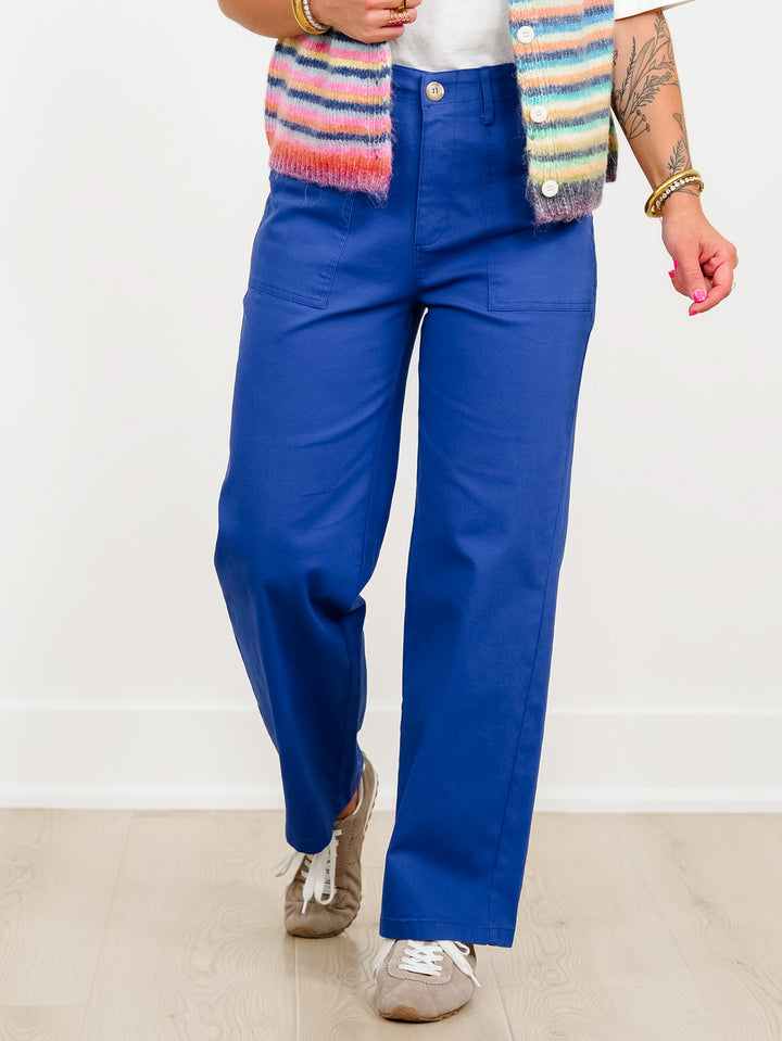 Royal Blue Straight Leg Pants with Patch Pockets
