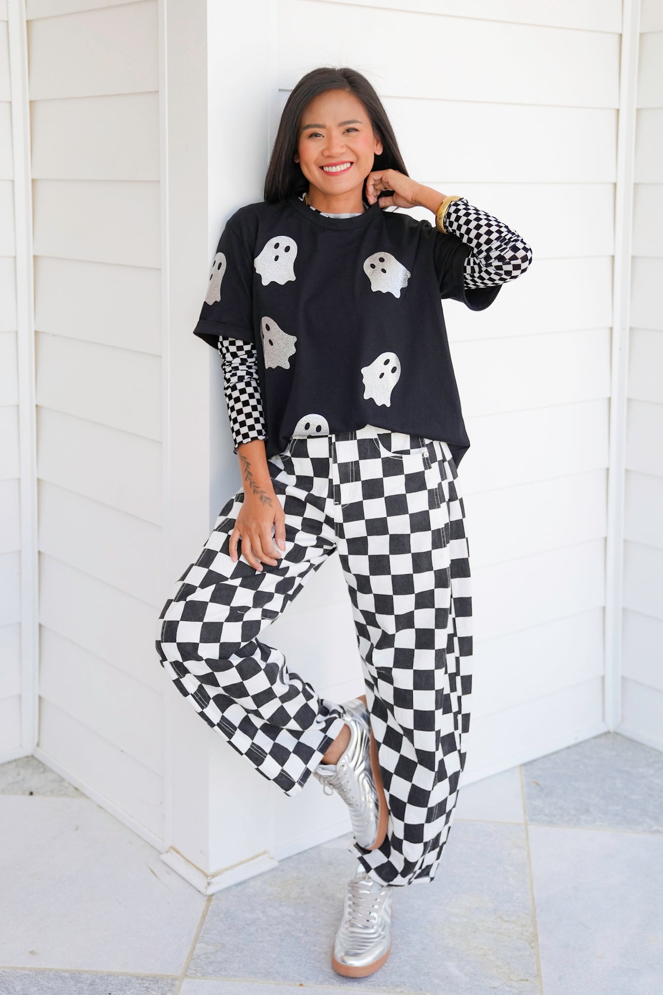 Plus/Reg Short Sleeve Glitter Ghosts Top