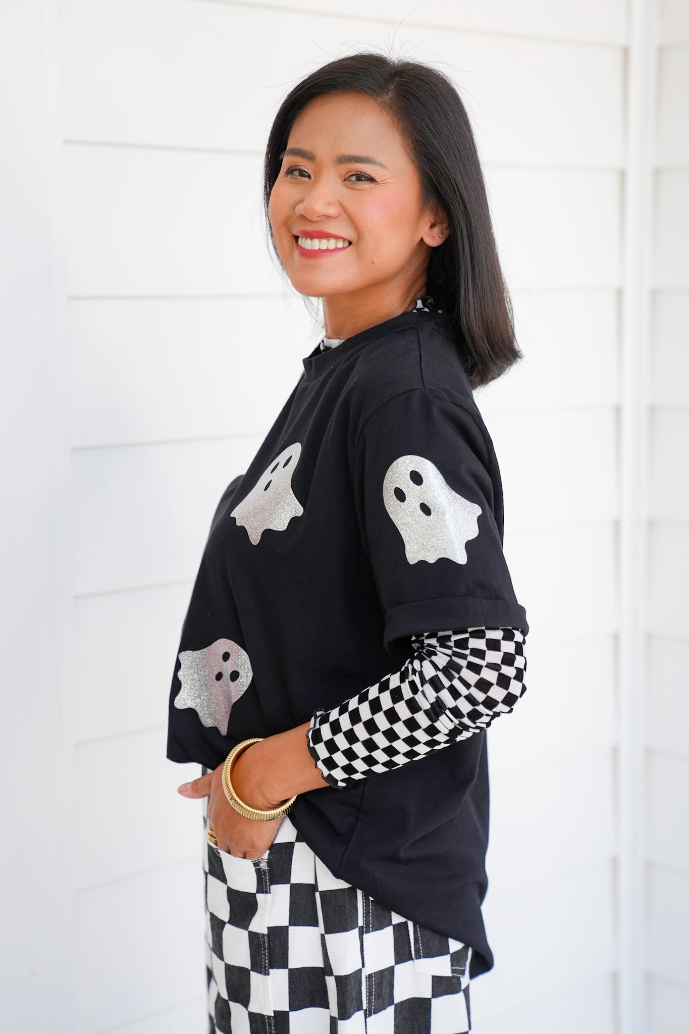 Plus/Reg Short Sleeve Glitter Ghosts Top