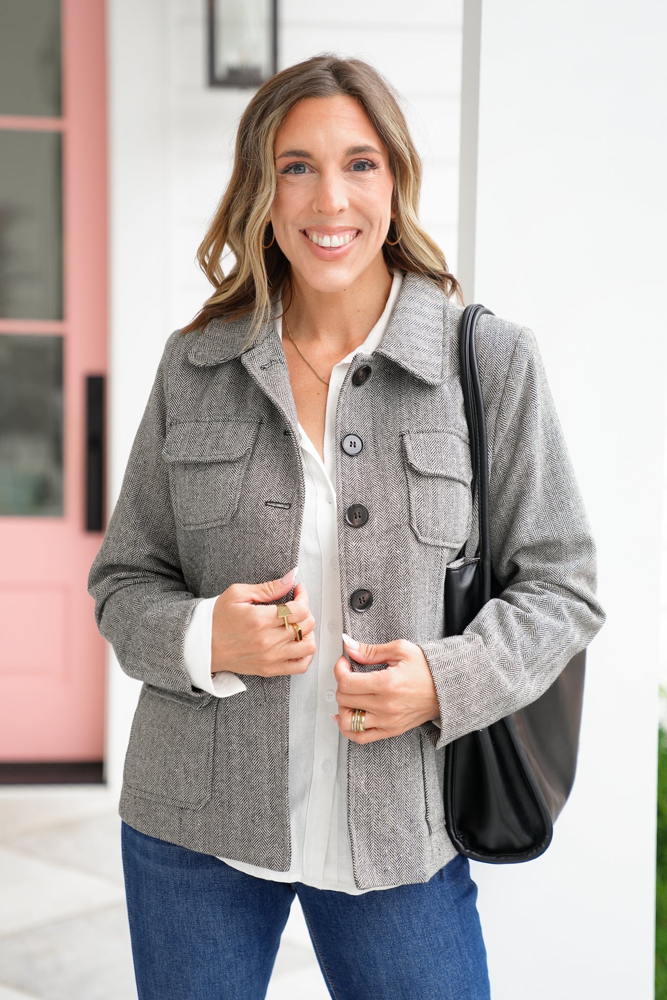 Herringbone Long Sleeve Button Down Jacket