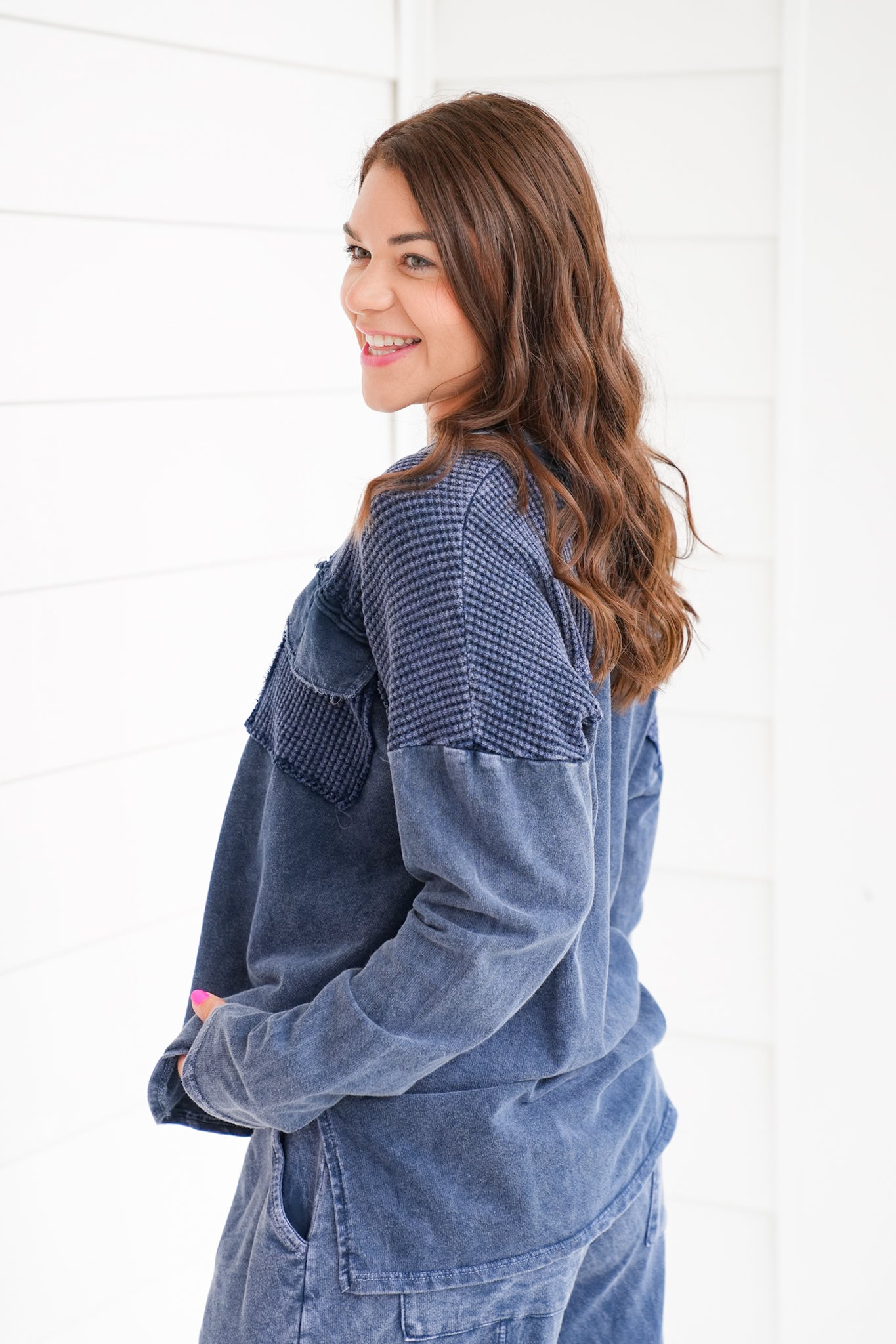 Navy Mineral Wash Long Sleeve Henley Top