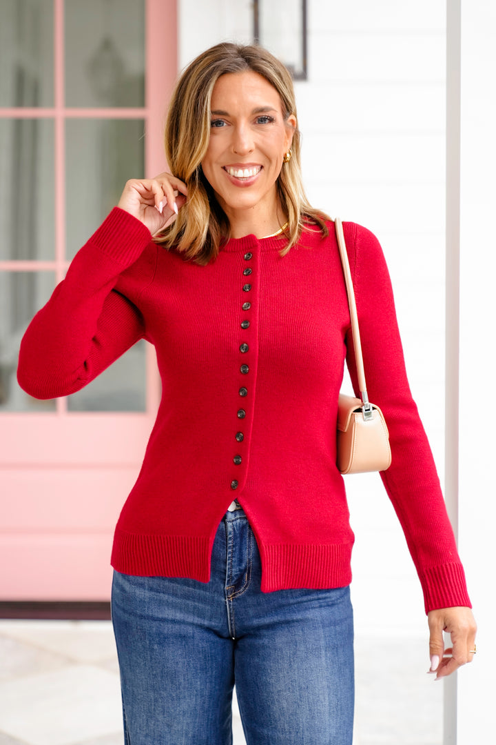 Red Long Sleeve Button Down Knit Cardigan Sweater