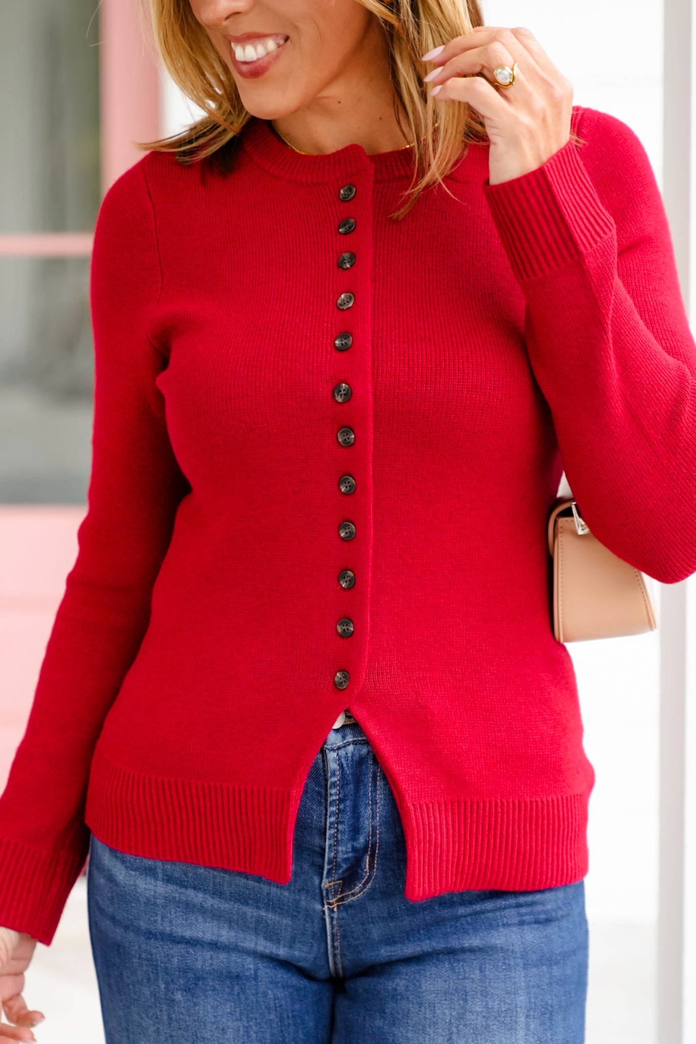 Red Long Sleeve Button Down Knit Cardigan Sweater