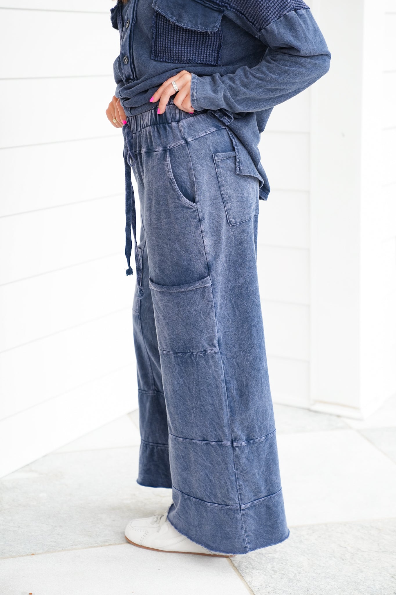 Navy Mineral Wash Wide Leg Pants