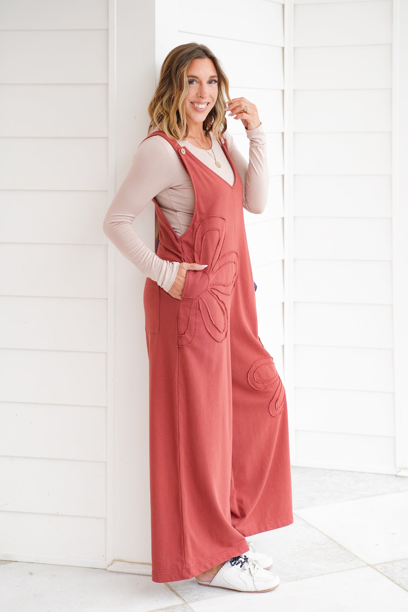 Solid Floral Patch Sleeveless V Neck Overalls