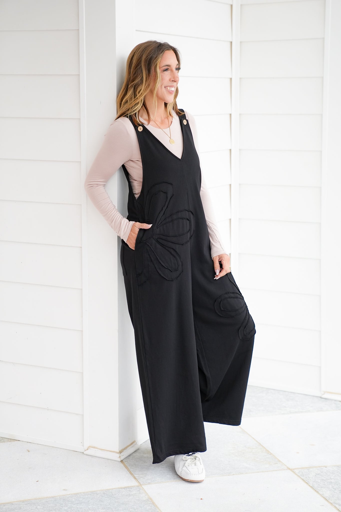 Solid Floral Patch Sleeveless V Neck Overalls