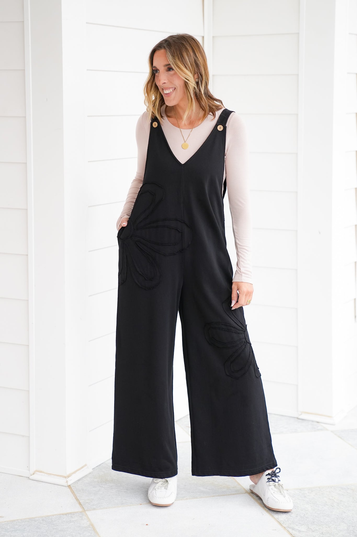 Solid Floral Patch Sleeveless V Neck Overalls
