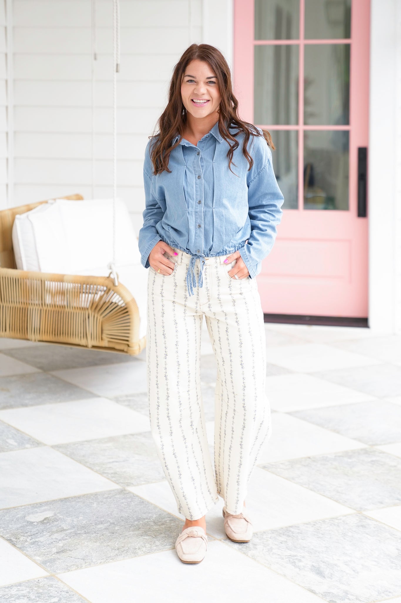 Pleated Long Sleeve Button Up Top with Elastic Detail