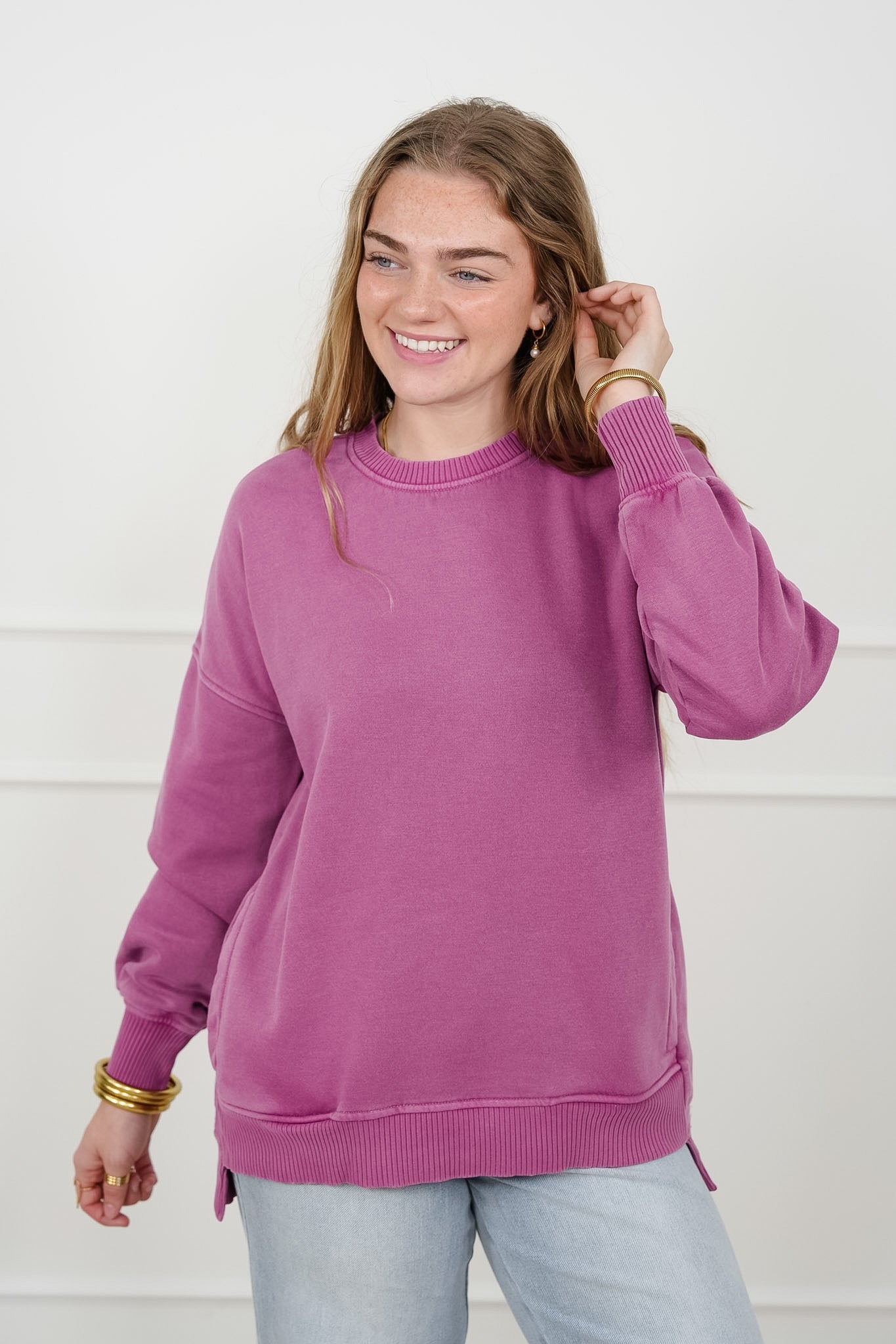 Door Buster! Zenana Pigment Dye Fleece Hi Low Hem Pullover with Pocket