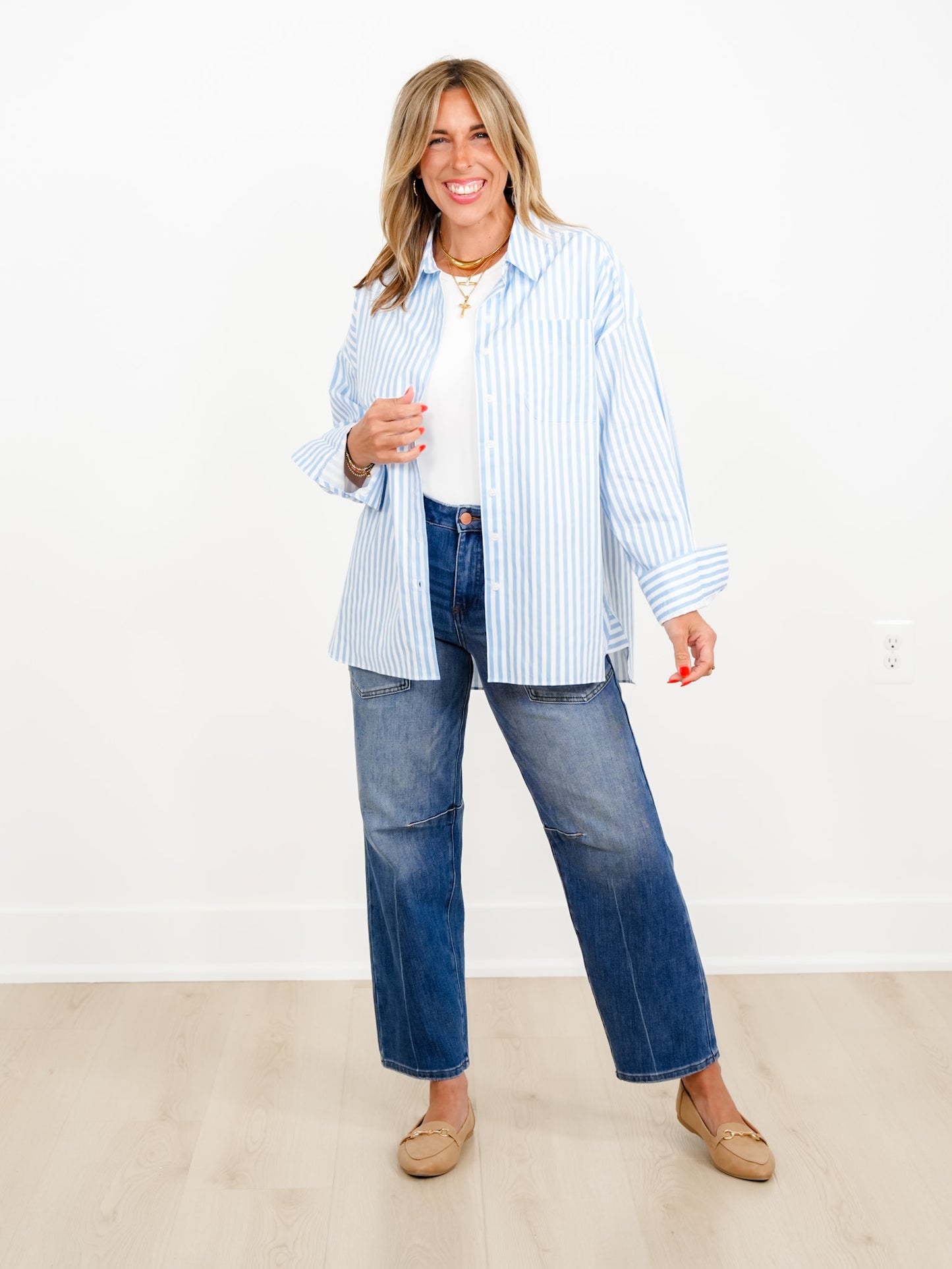 Stripe Long Sleeve Button Down Top with Chest Pocket