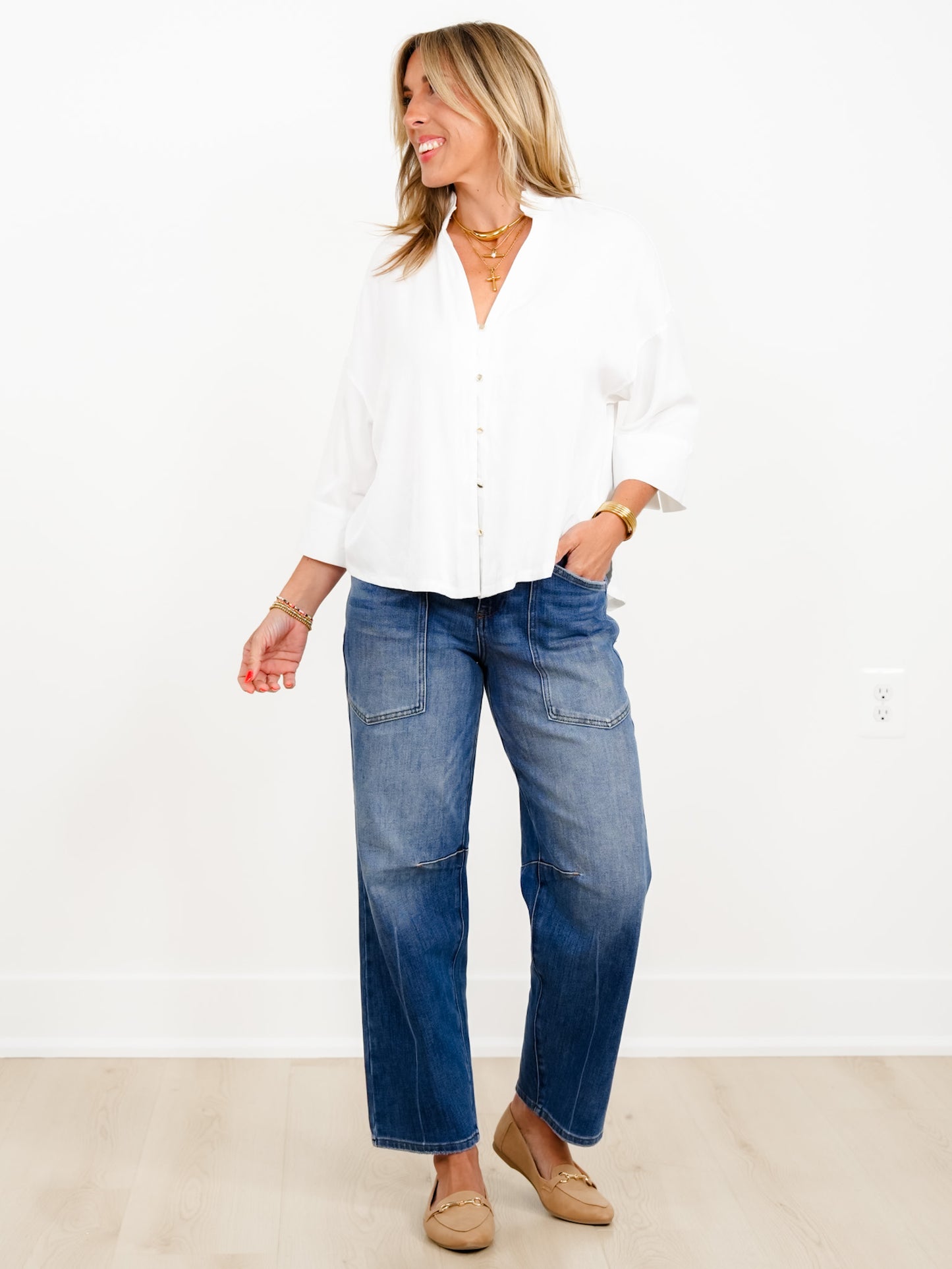 White Short Sleeve Ruffle Neck Button Down Top