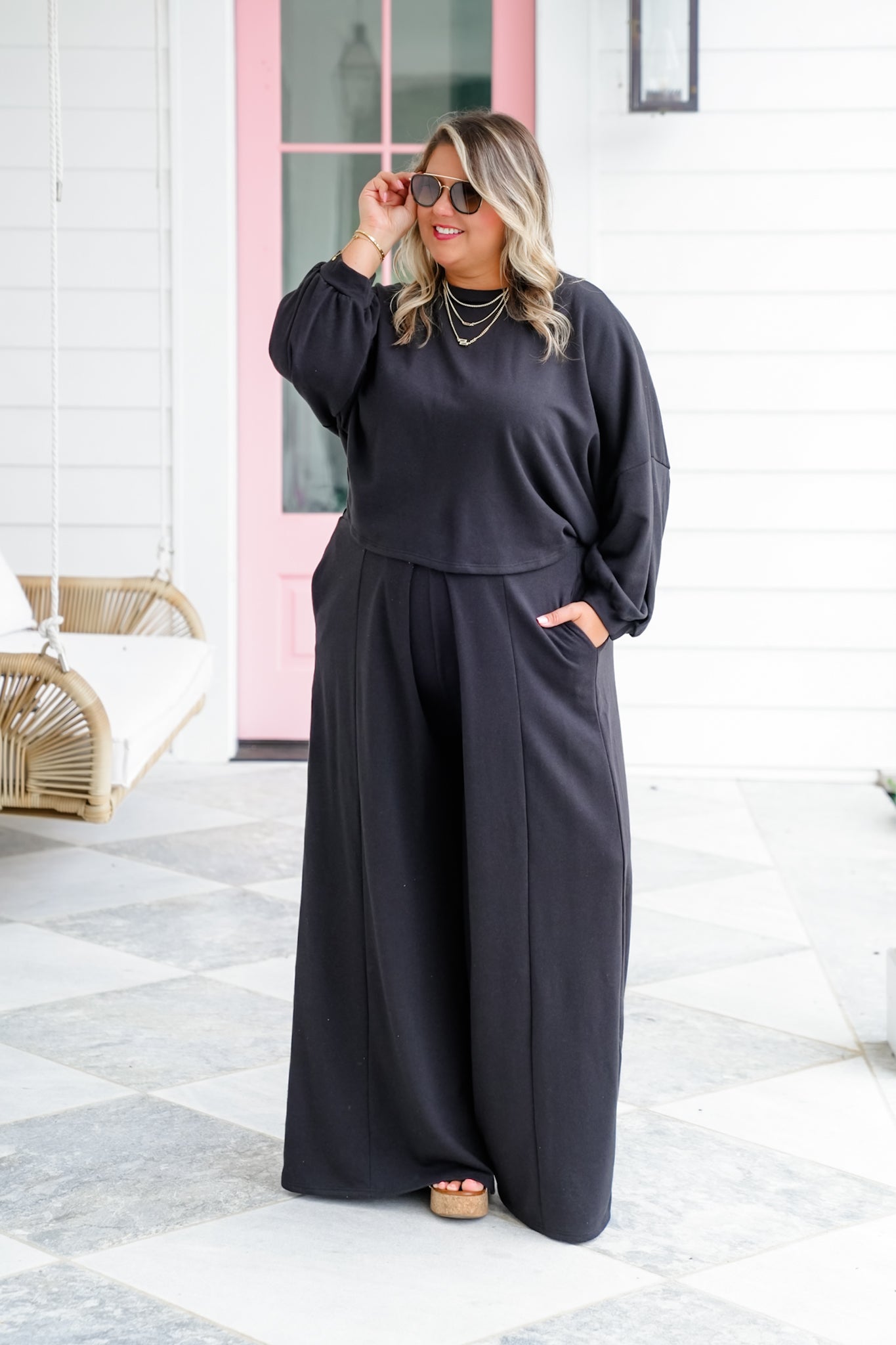 Plus/Reg Solid Long Sleeve Top and Wide Leg Pants Set