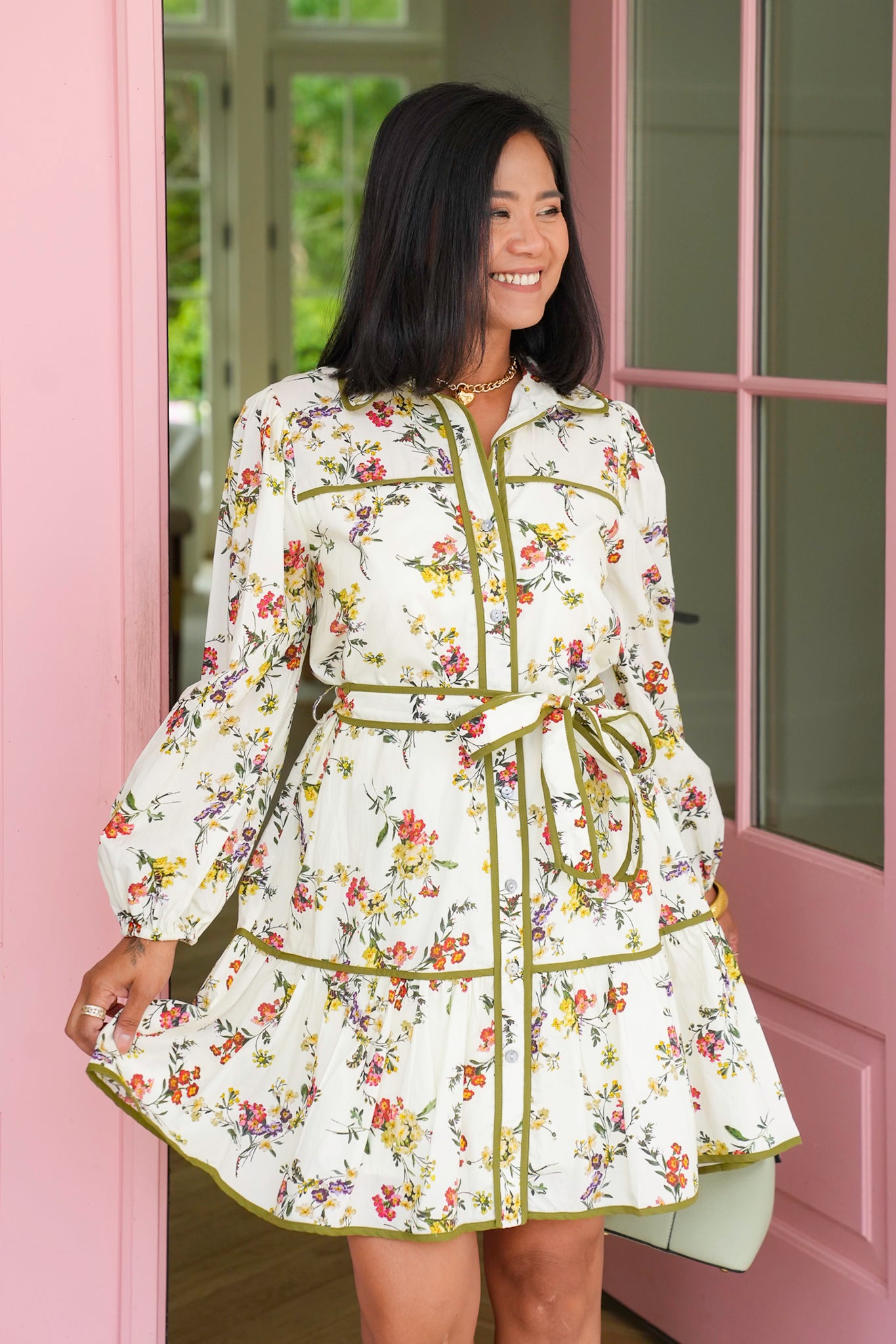 Floral Print Long Puff Sleeve Button Down Mini Dress