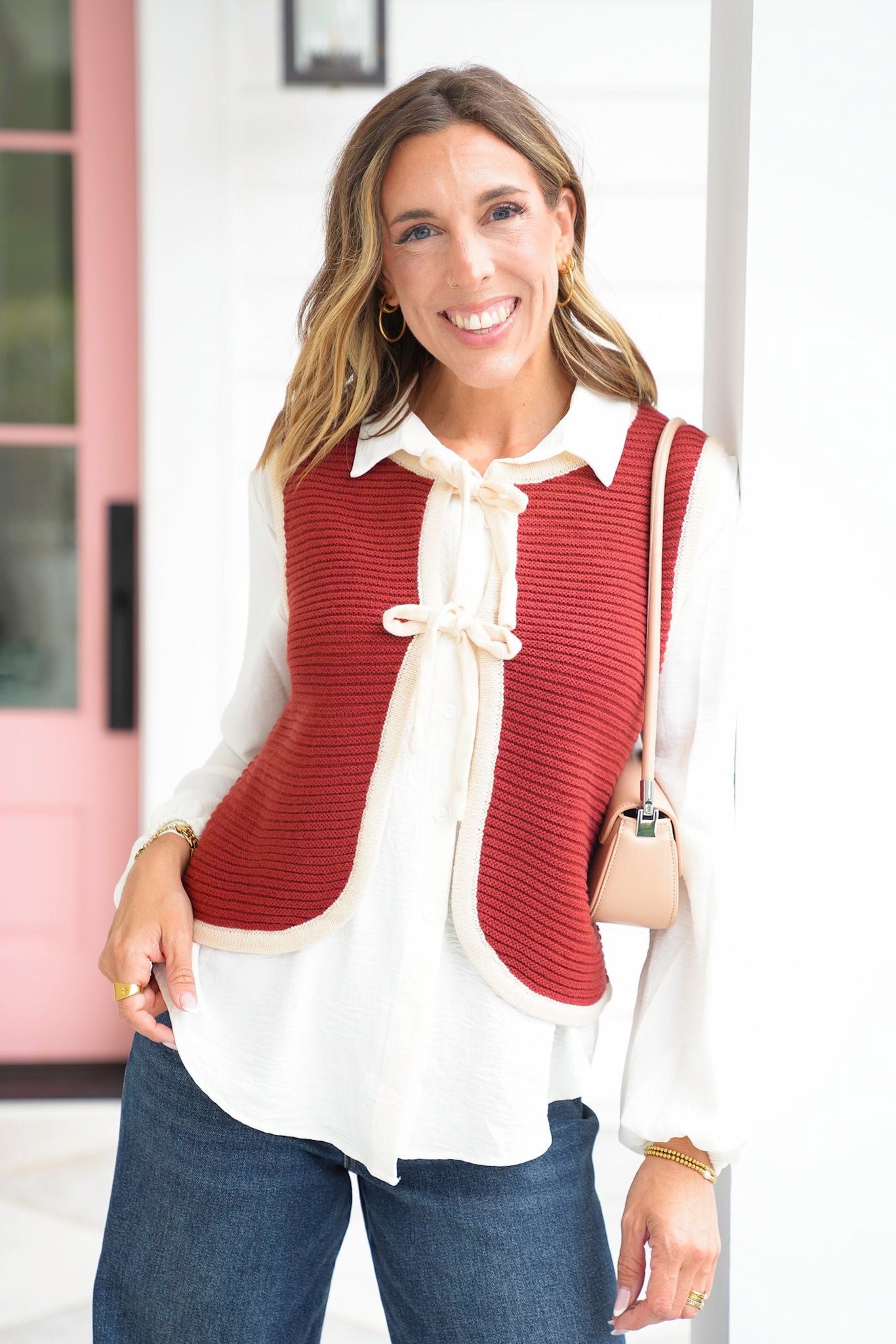Ribbed Knit Tie Front Vest with Contrast Trim Detail