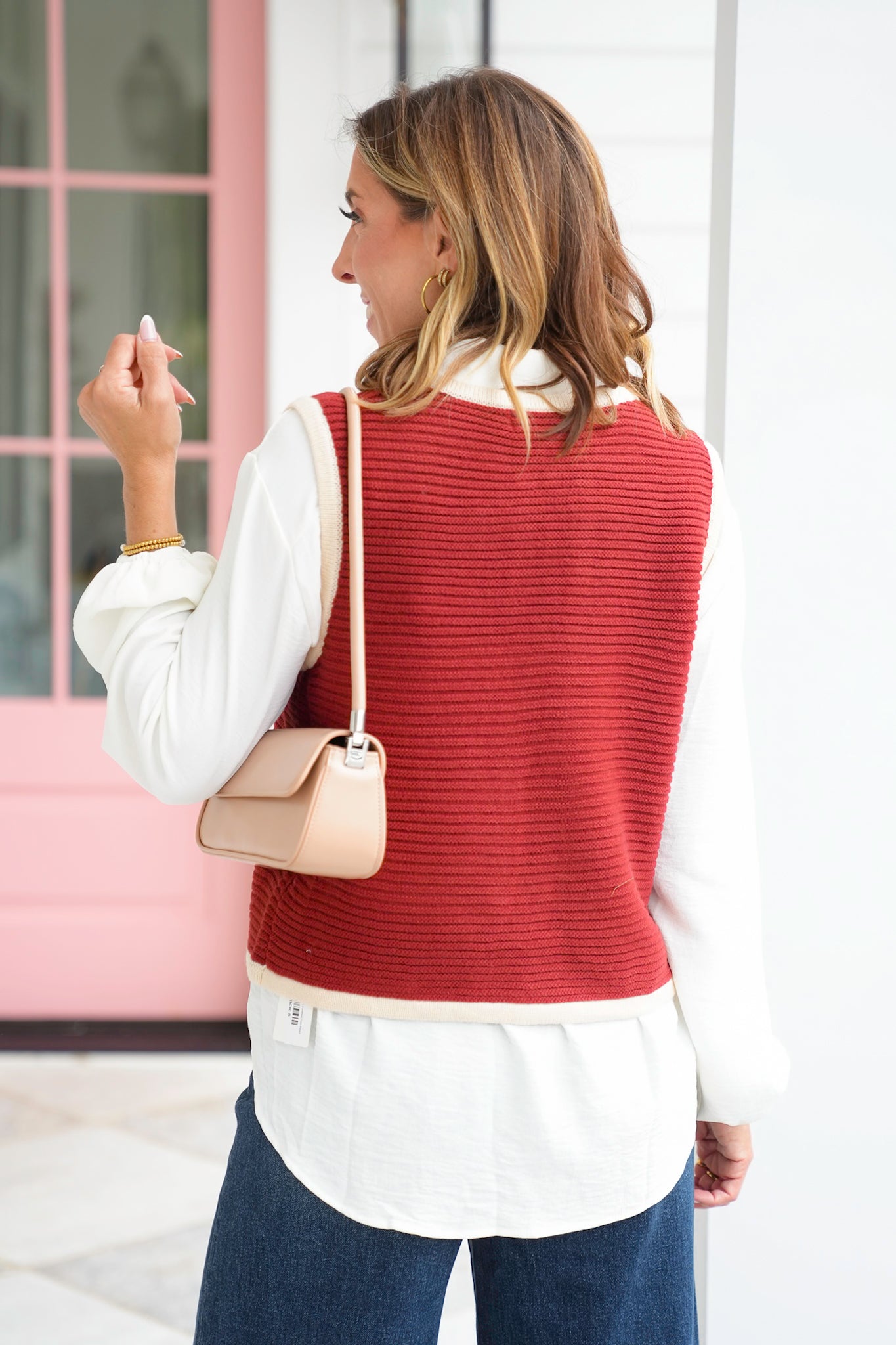 Ribbed Knit Tie Front Vest with Contrast Trim Detail