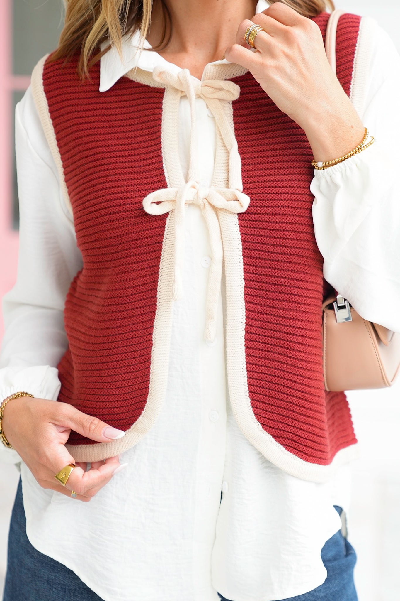 Ribbed Knit Tie Front Vest with Contrast Trim Detail