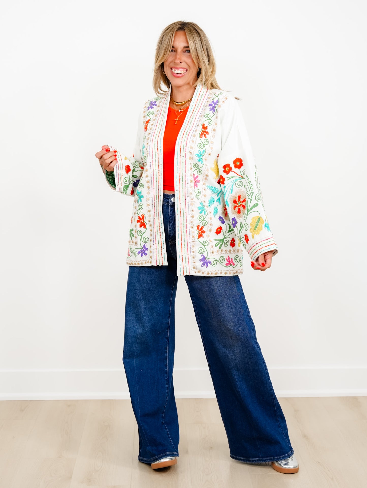 POL Floral Embroidered Long Sleeve Kimono Jacket