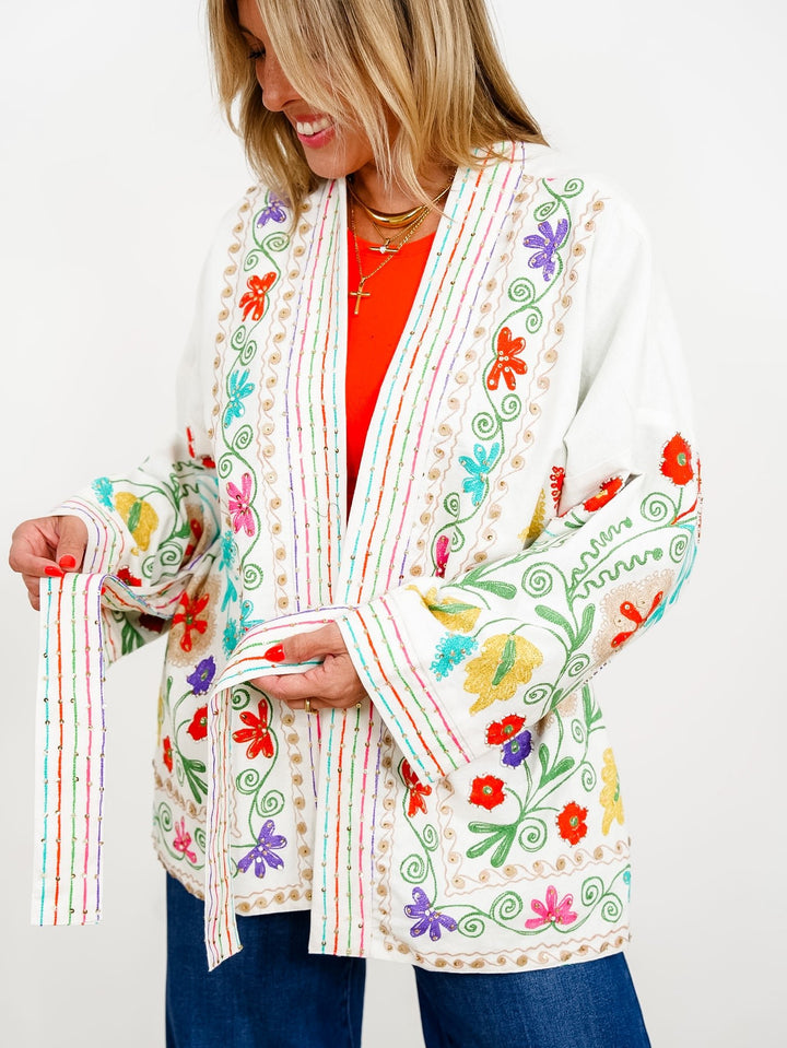 POL Floral Embroidered Long Sleeve Kimono Jacket - Freckled Poppy