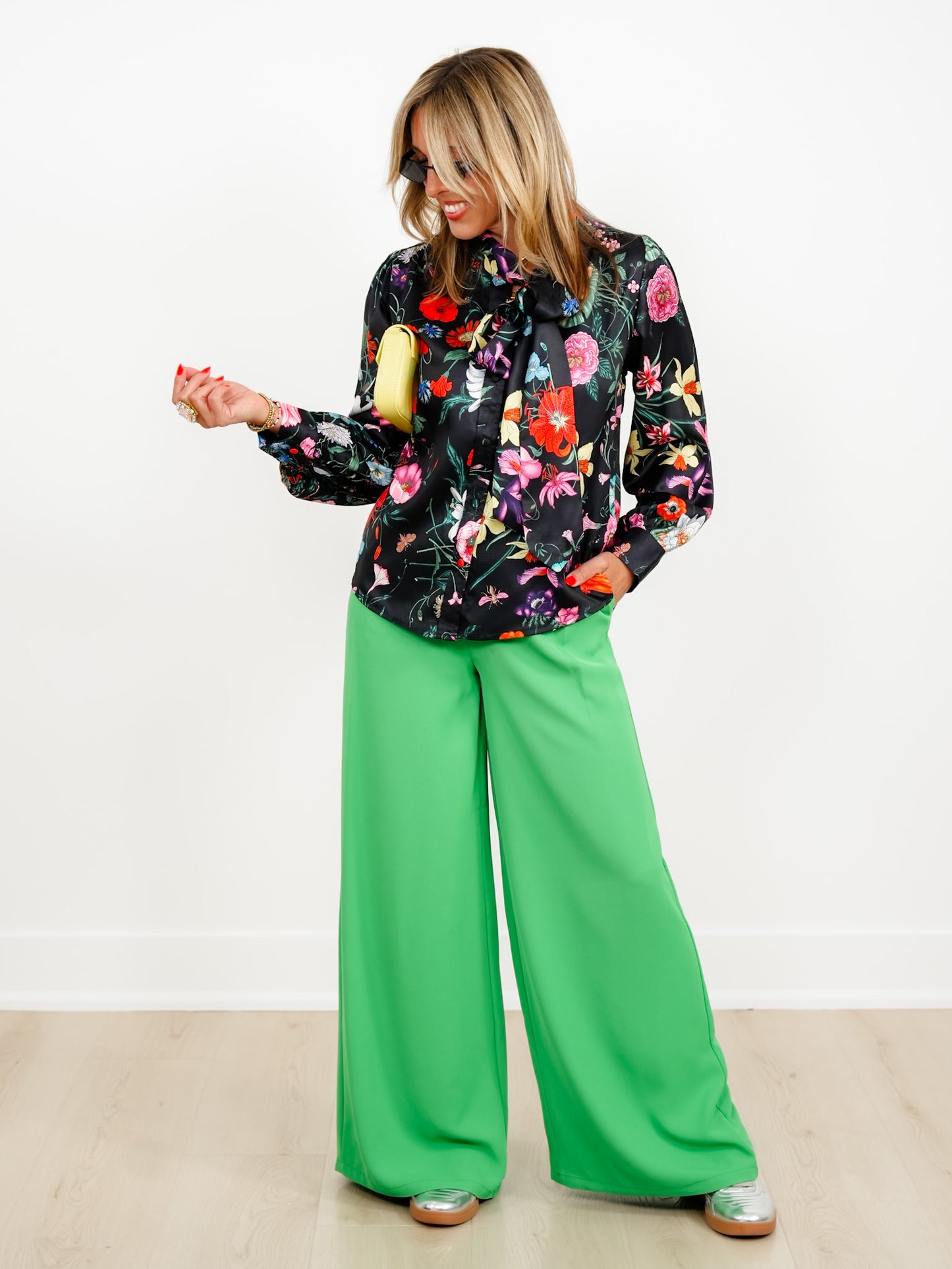 Black Floral Print Long Sleeve Blouse with Tie Neck