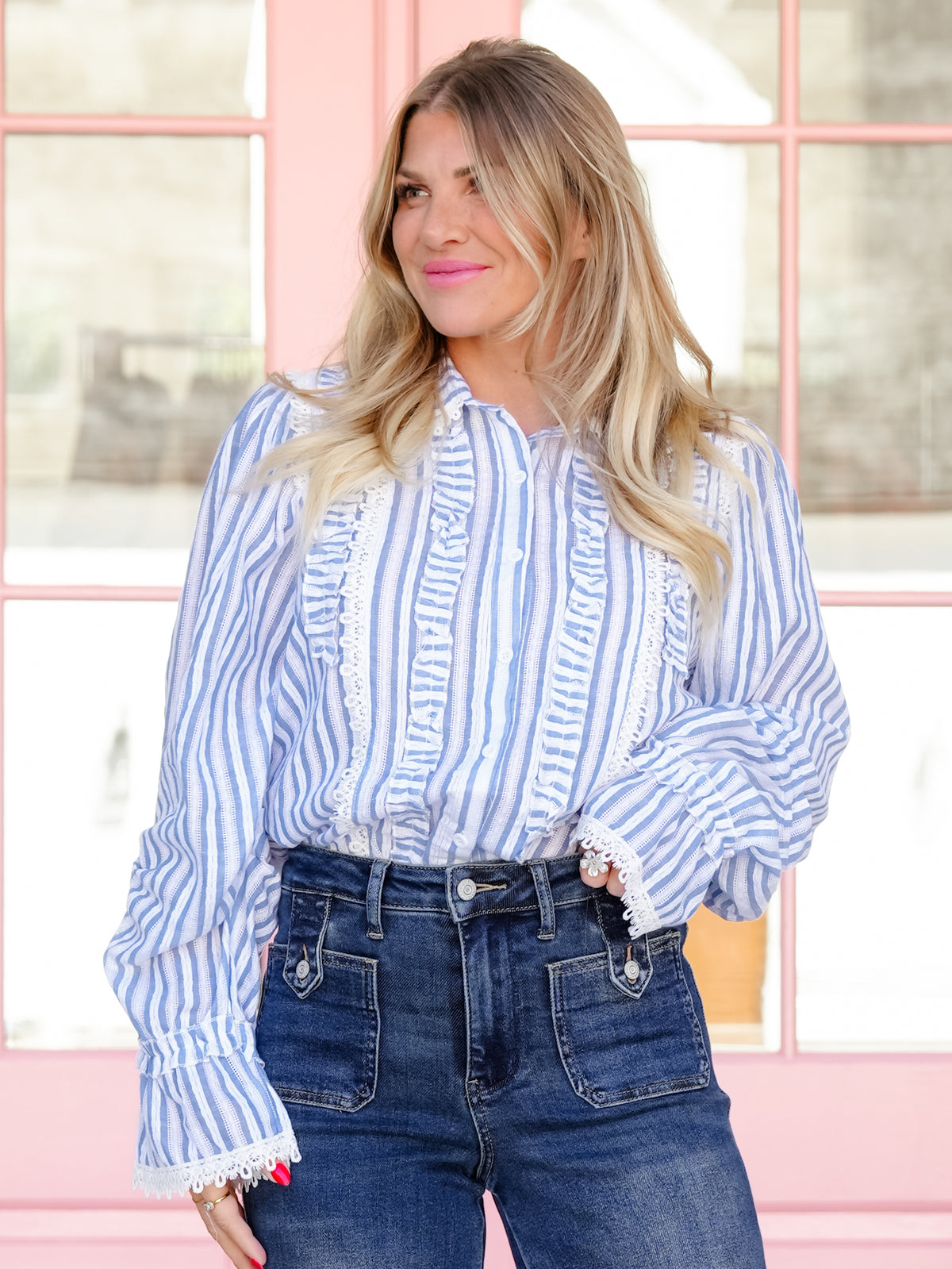 POL Stripe Long Sleeve Button Down Ruffle Top - Freckled Poppy