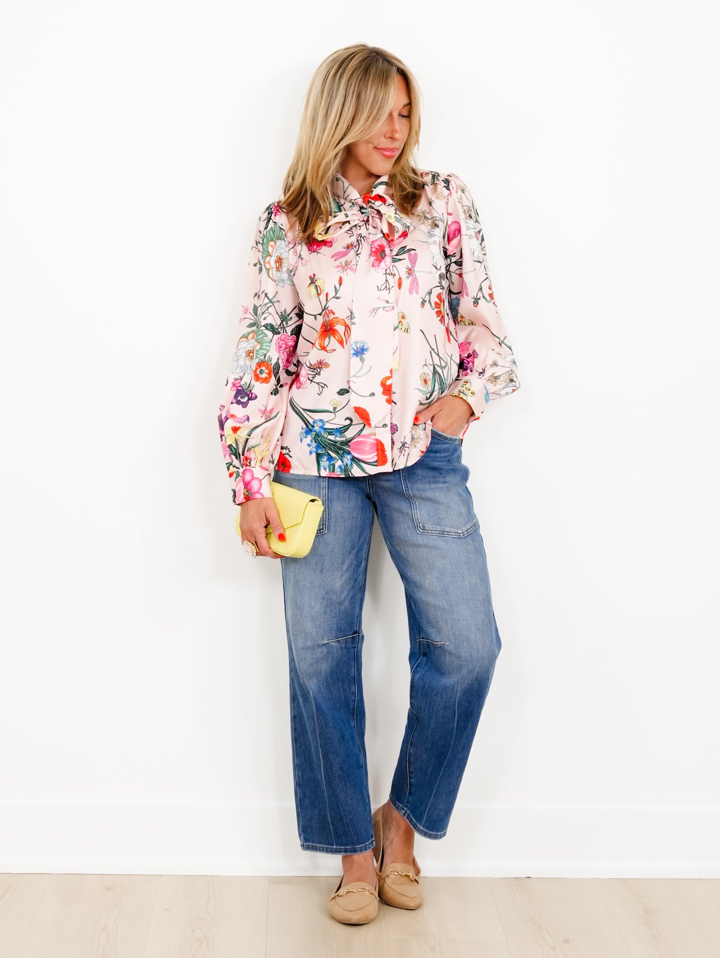 Pink Floral Print Long Sleeve Tie At The Neck Top