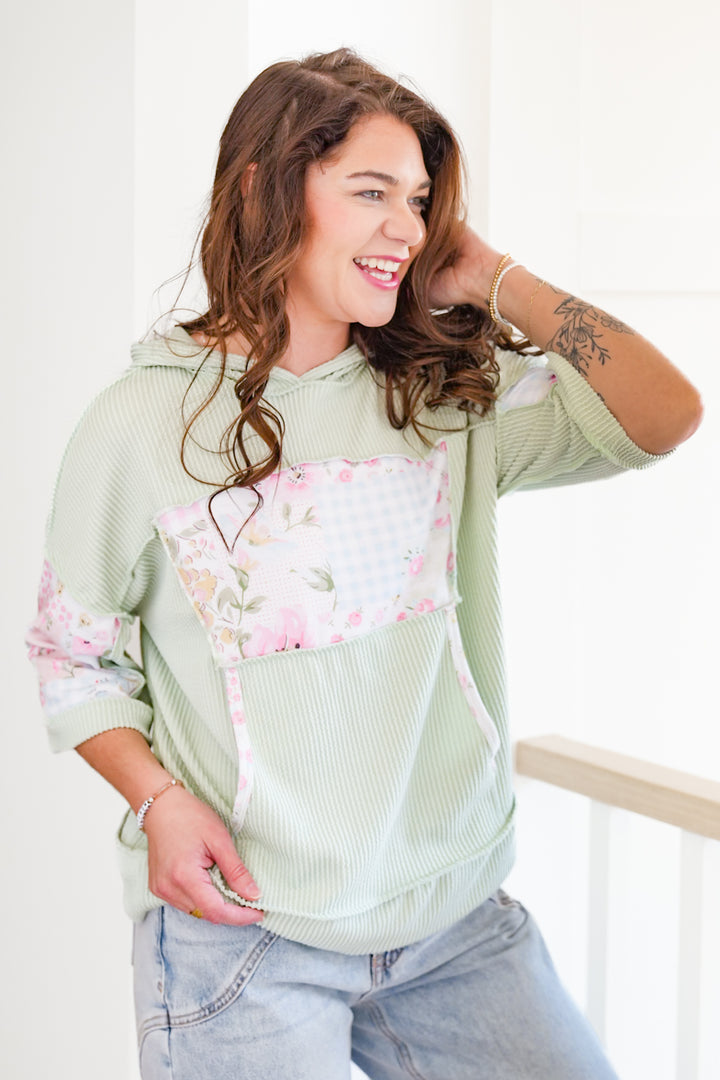 Plus/Reg Ribbed Patchwork Hooded Top with Kangaroo Pocket