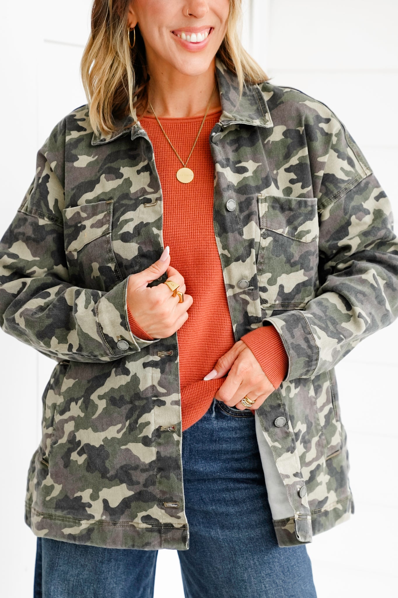 Veveret Camo Long Sleeve Button Down Boyfriend Jacket