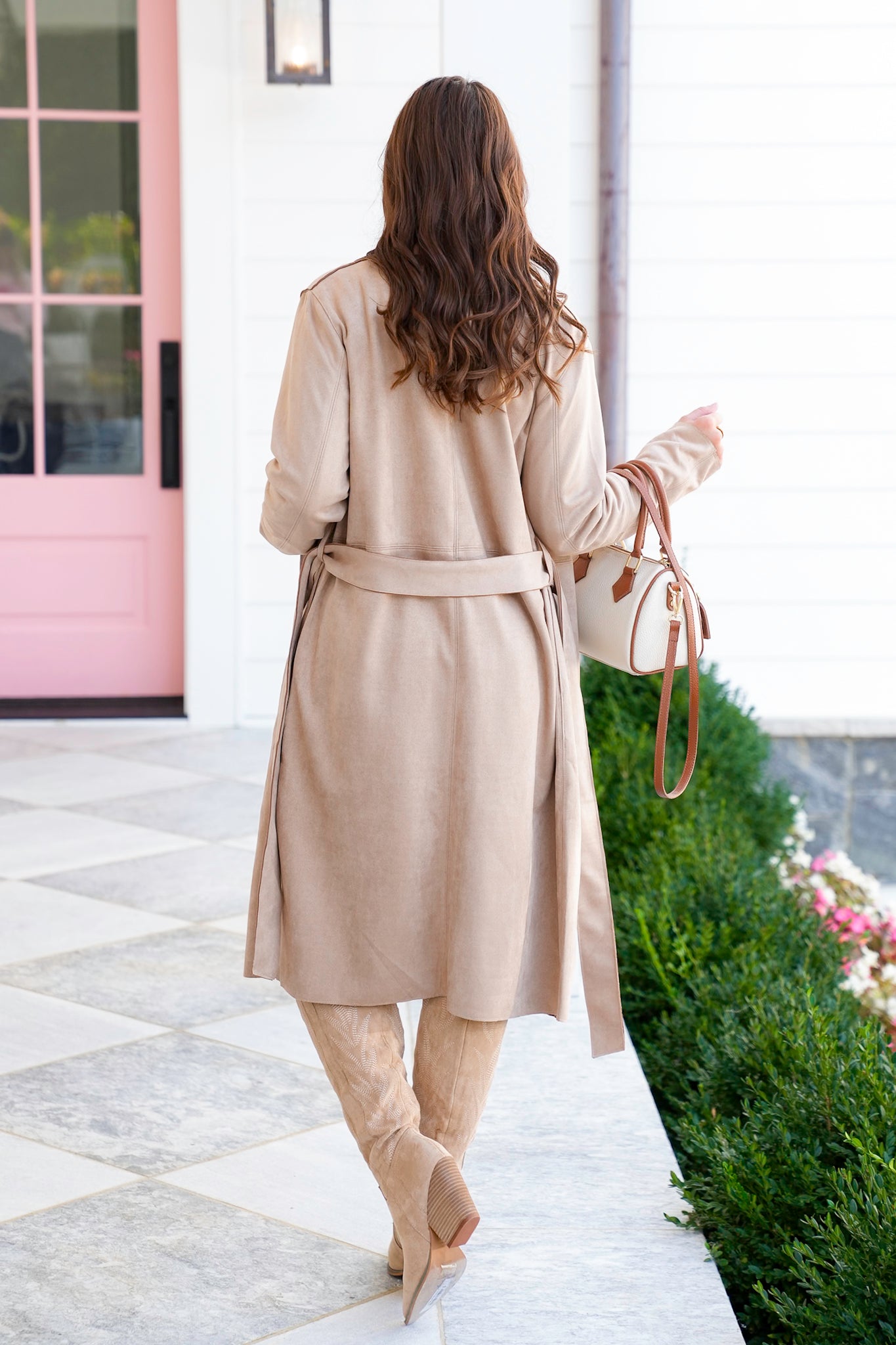 Vegan Suede Long Sleeve Belted Trench Coat