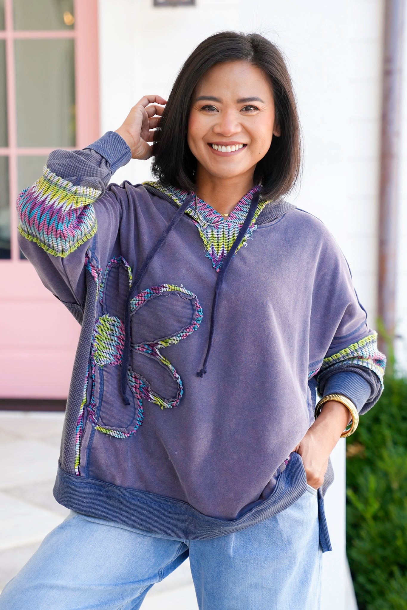 Washed Long Sleeve Hoodie with Daisy Patch