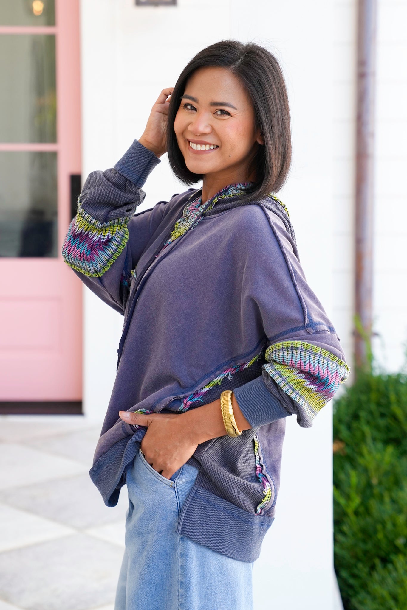 Washed Long Sleeve Hoodie with Daisy Patch