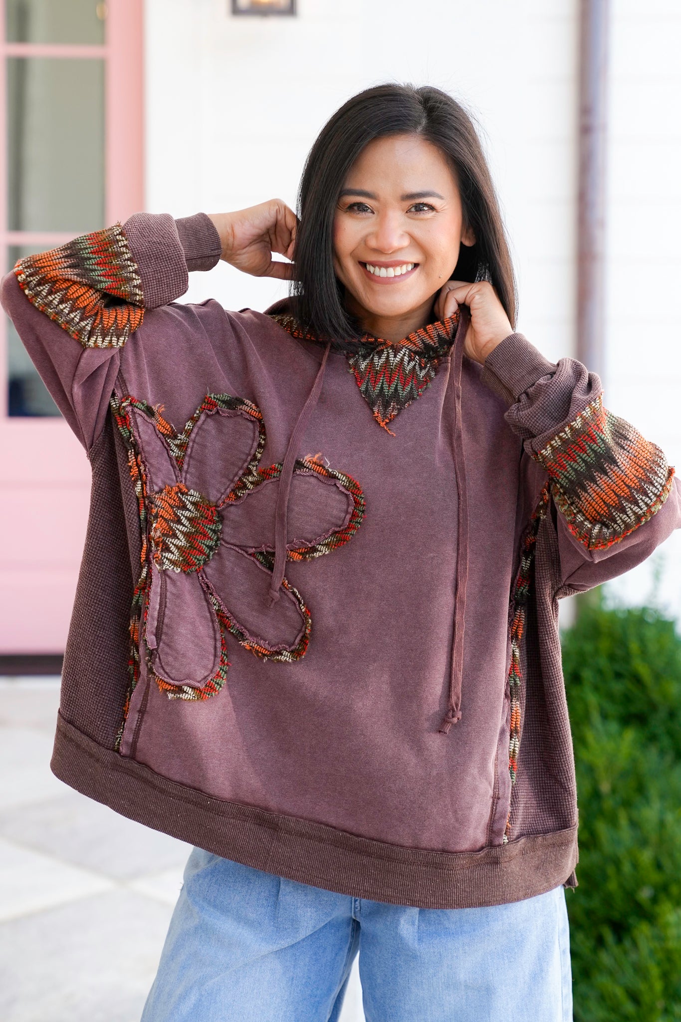 Washed Long Sleeve Hoodie with Daisy Patch