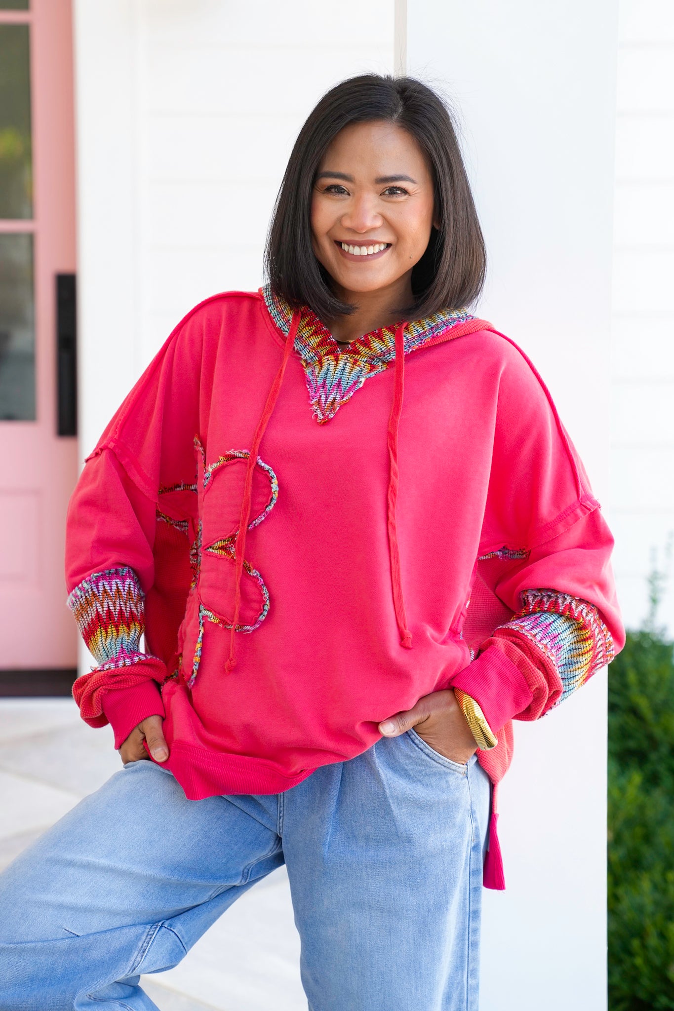 Washed Long Sleeve Hoodie with Daisy Patch