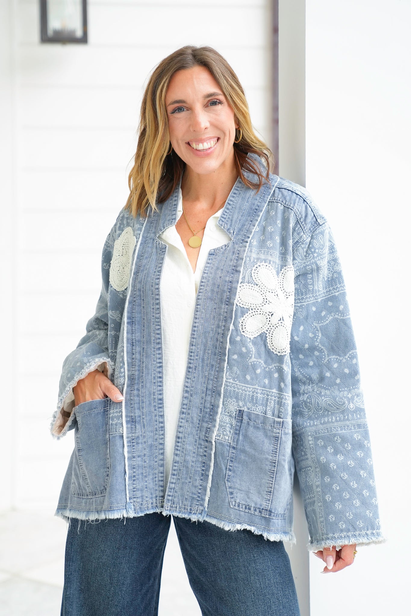 POL Paisley Print Long Sleeve Jacket with Patch Detail