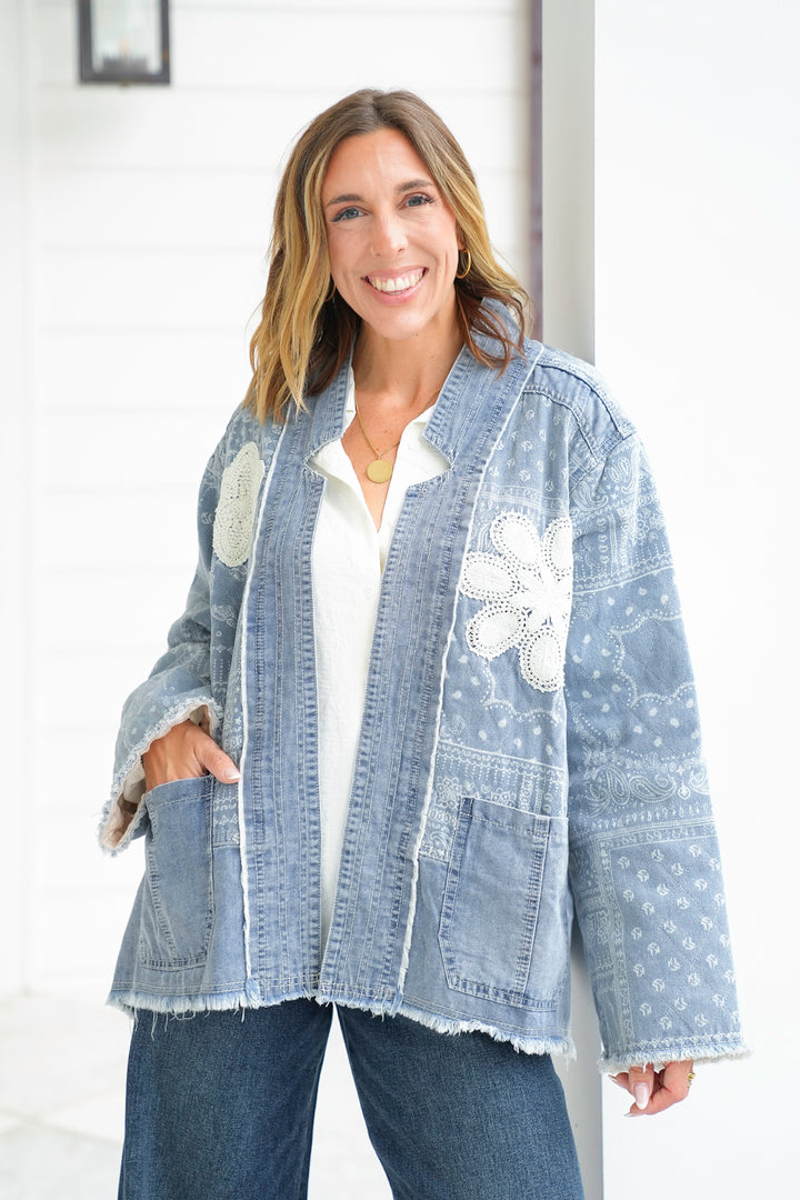 POL Paisley Print Long Sleeve Jacket with Patch Detail