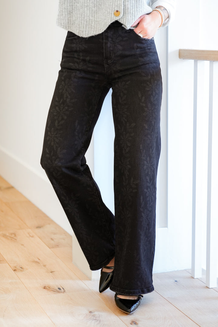 Daisy Print High Waist Wide Leg Jeans