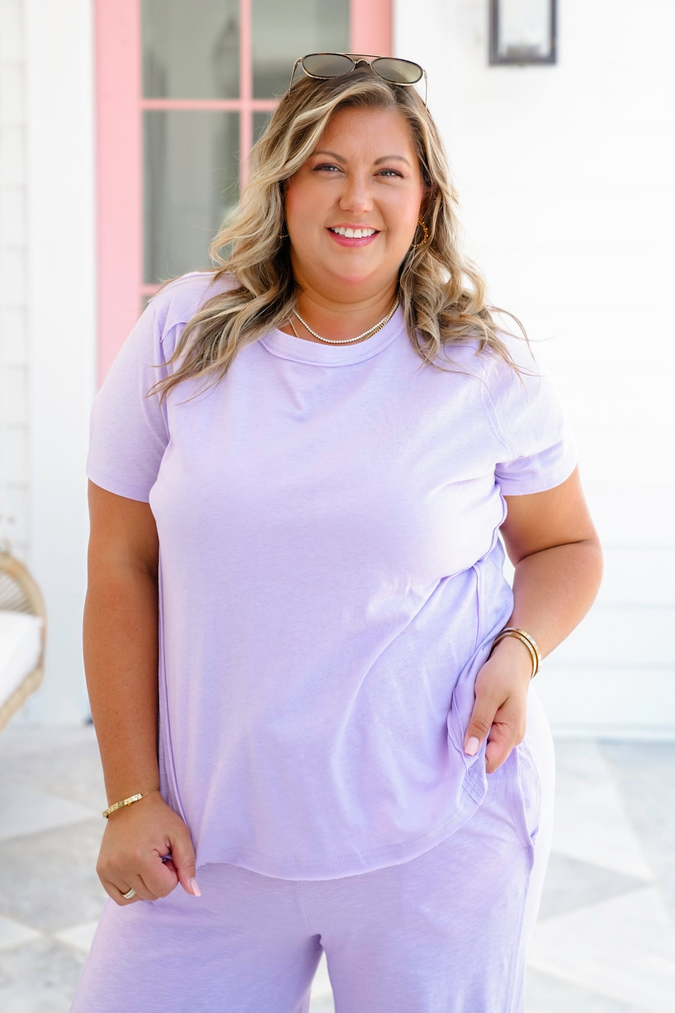Short Sleeve Round Neck Top with Reverse Seam Detail