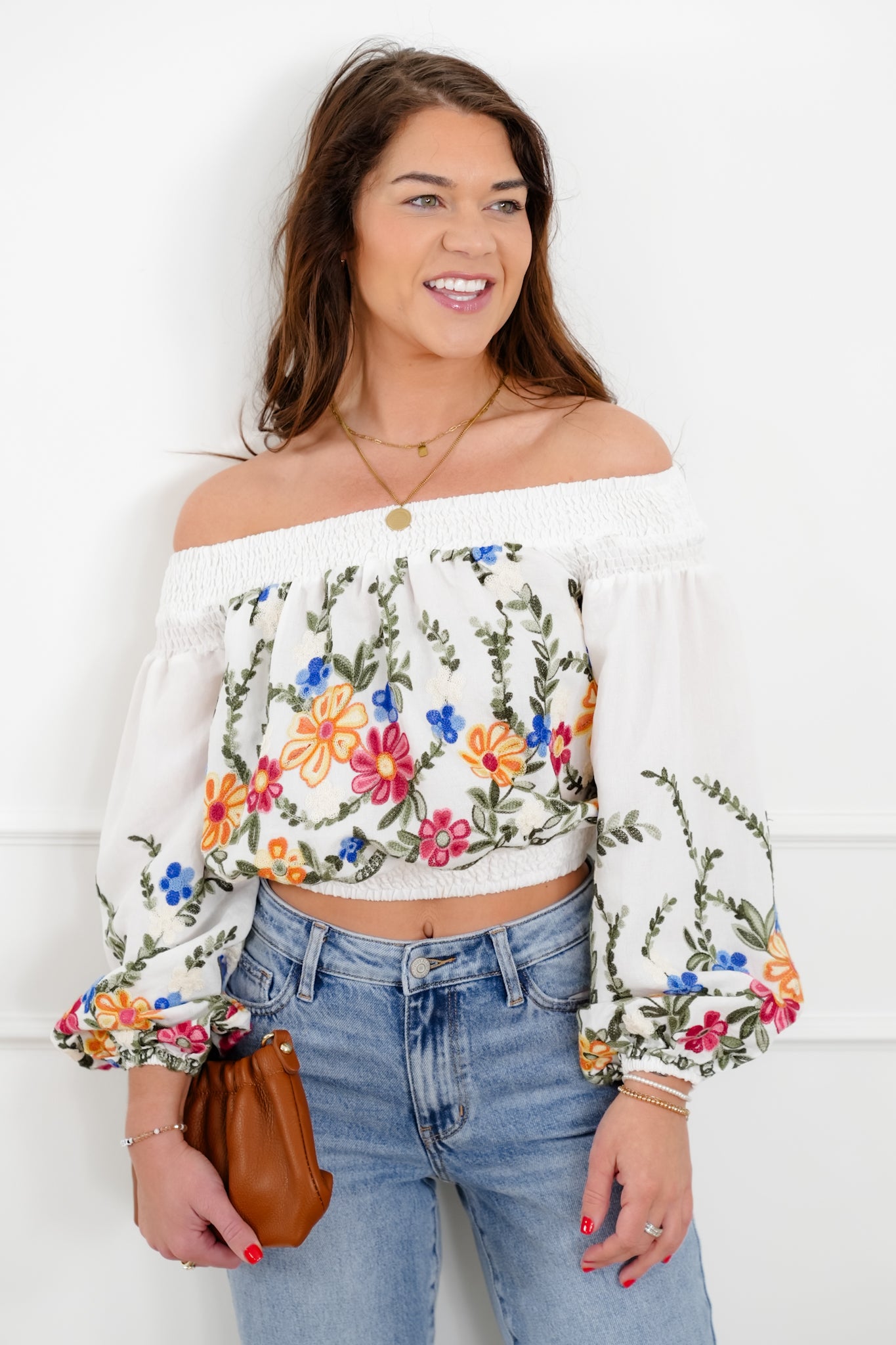 Floral Embroidered Long Sleeve Off Shoulder Crop Top