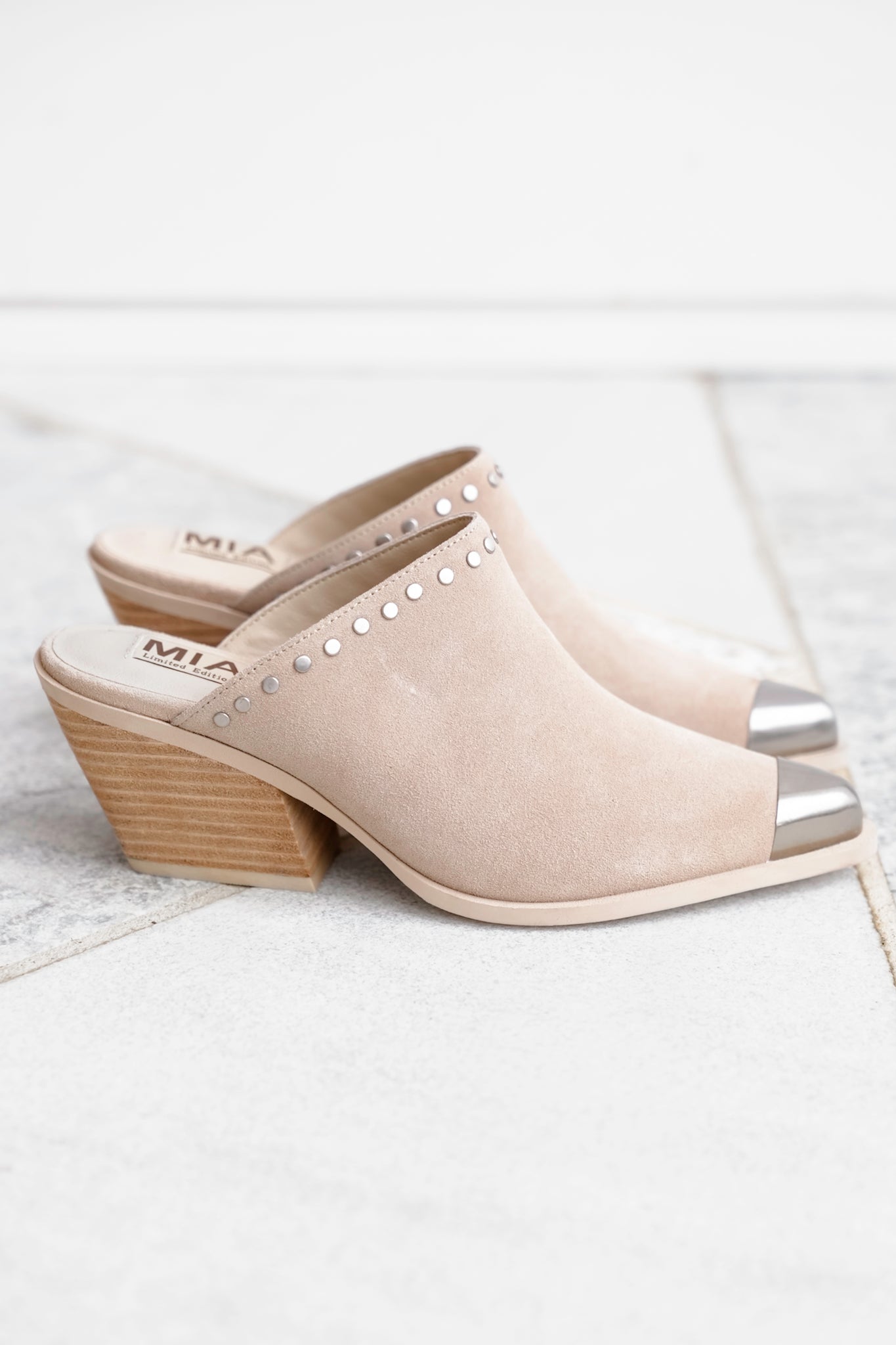 MIA Studded Suede Block Heel Mules with Metal Cap Toe